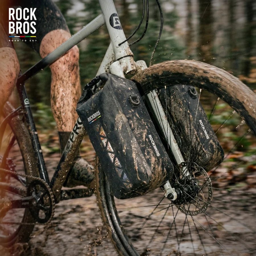 ROCKBROS 4L waterproof bike fork bag with quick-release mount for bikepacking, gravel riding, and outdoor cycling