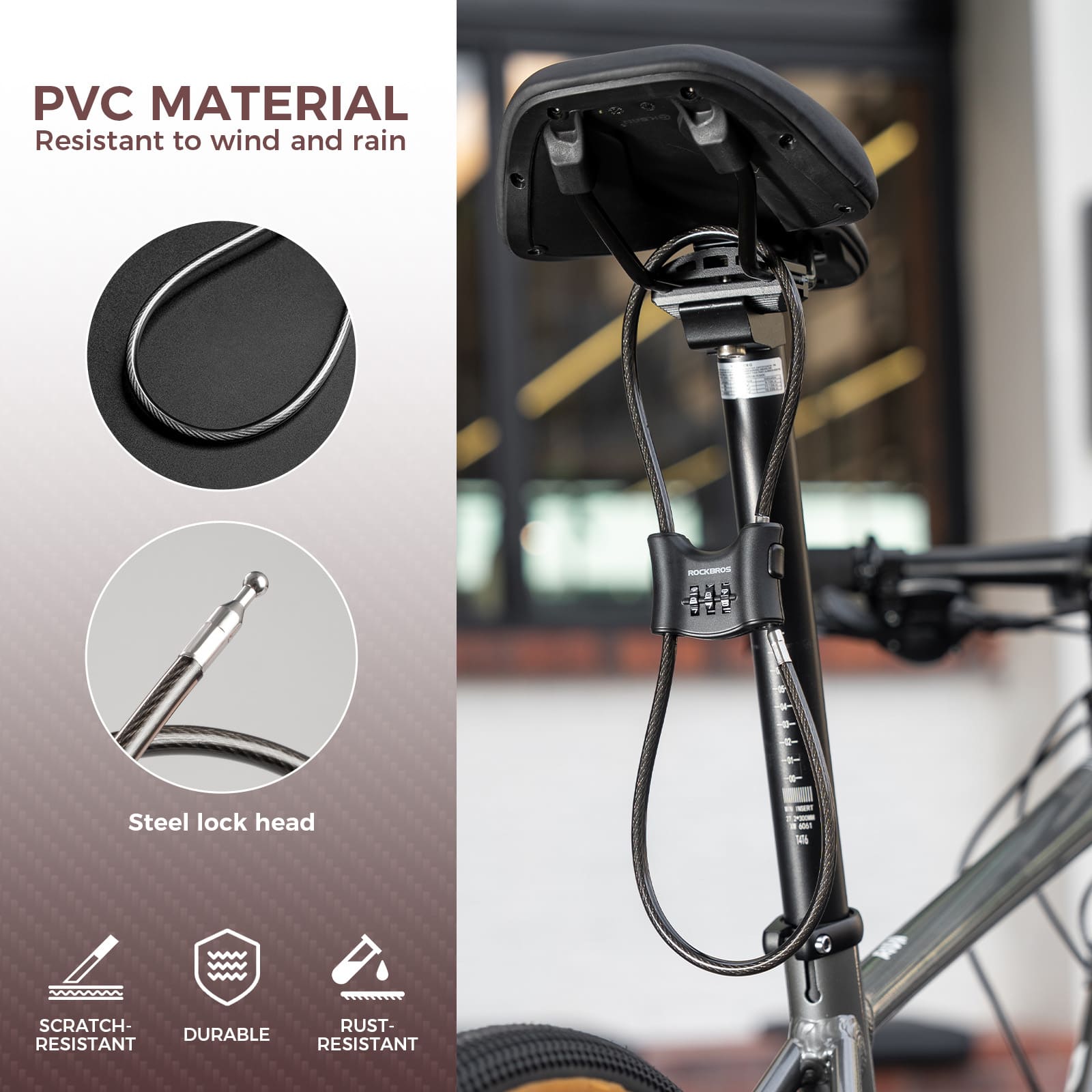 ROCKBROS 5.5mm steel cable bike lock with double loop for cycling anti-theft protection