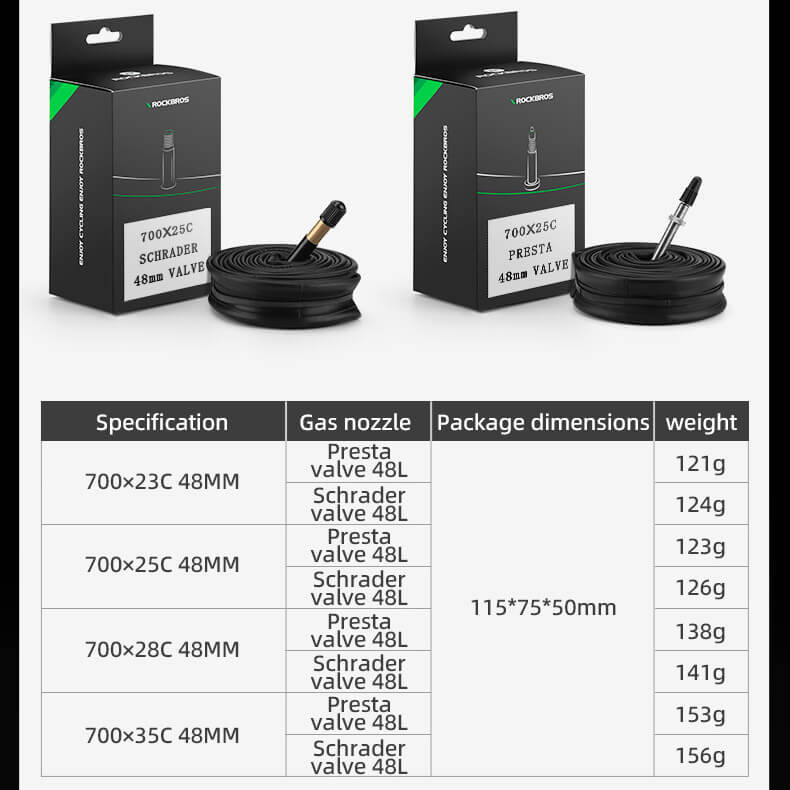 Comparison of Presta and Schrader valve options for 700C road bike inner tubes.
