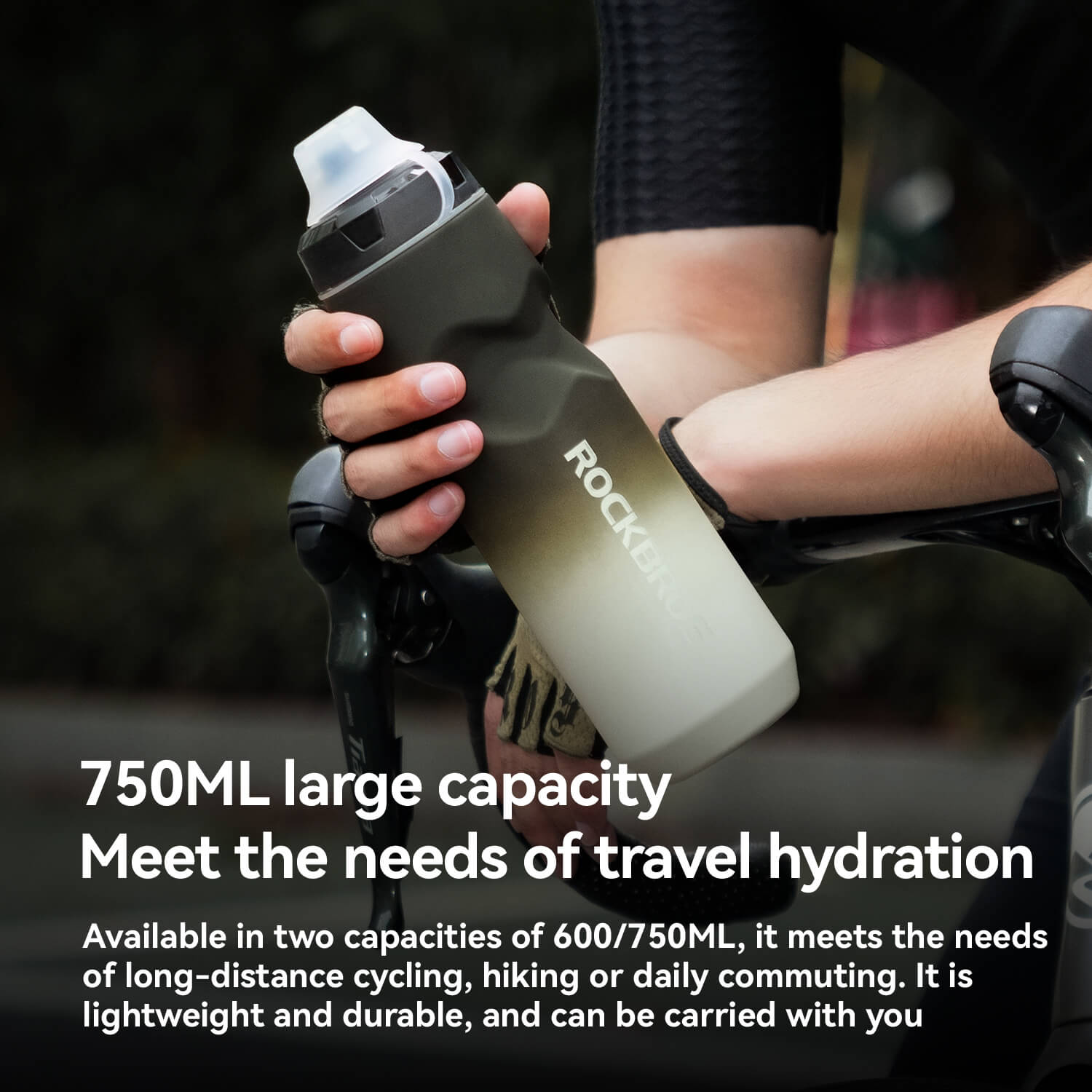ROCKBROS 750ml bike water bottle featuring skin-feeling grip and leakproof pull-top lid
#Color_Gradient Gray White (750ml)