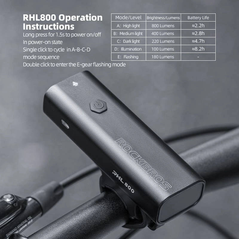 ROCKBROS 800 Lumen Bike Headlight with USB-C Charging, Dual Beam, Aluminum Body, and Waterproof Design