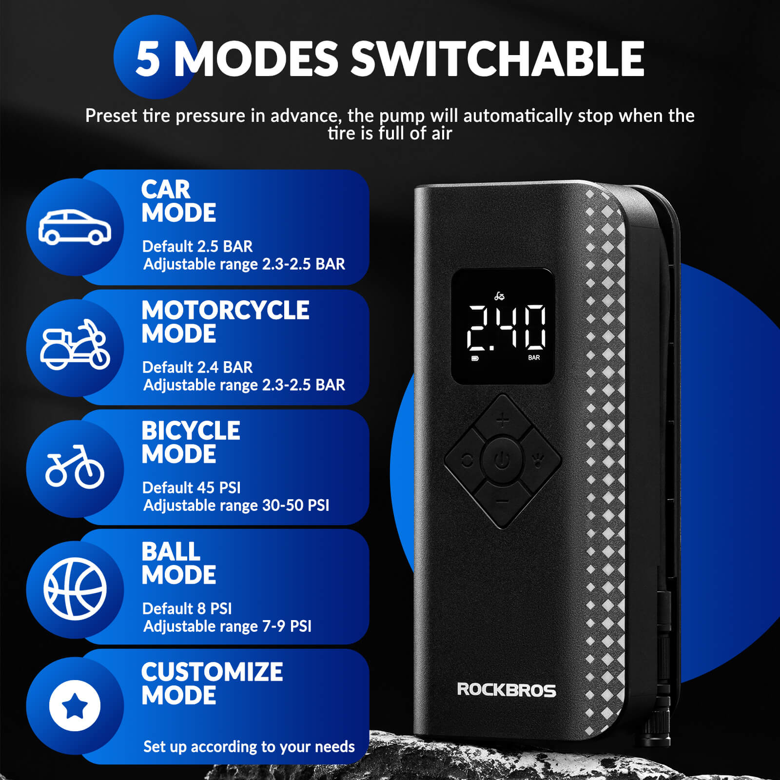 ROCKBROS A13 Mini Electric Air Bike Tire Pump 150PSI for quick inflation