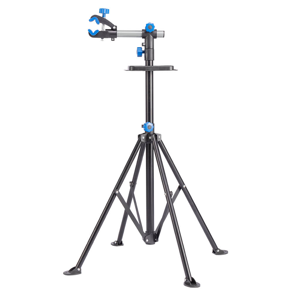 ROCKBROS adjustable telescopic bike repair stand with 360-degree rotating clamp, height adjustment, and foldable four-leg base for bicycle maintenance