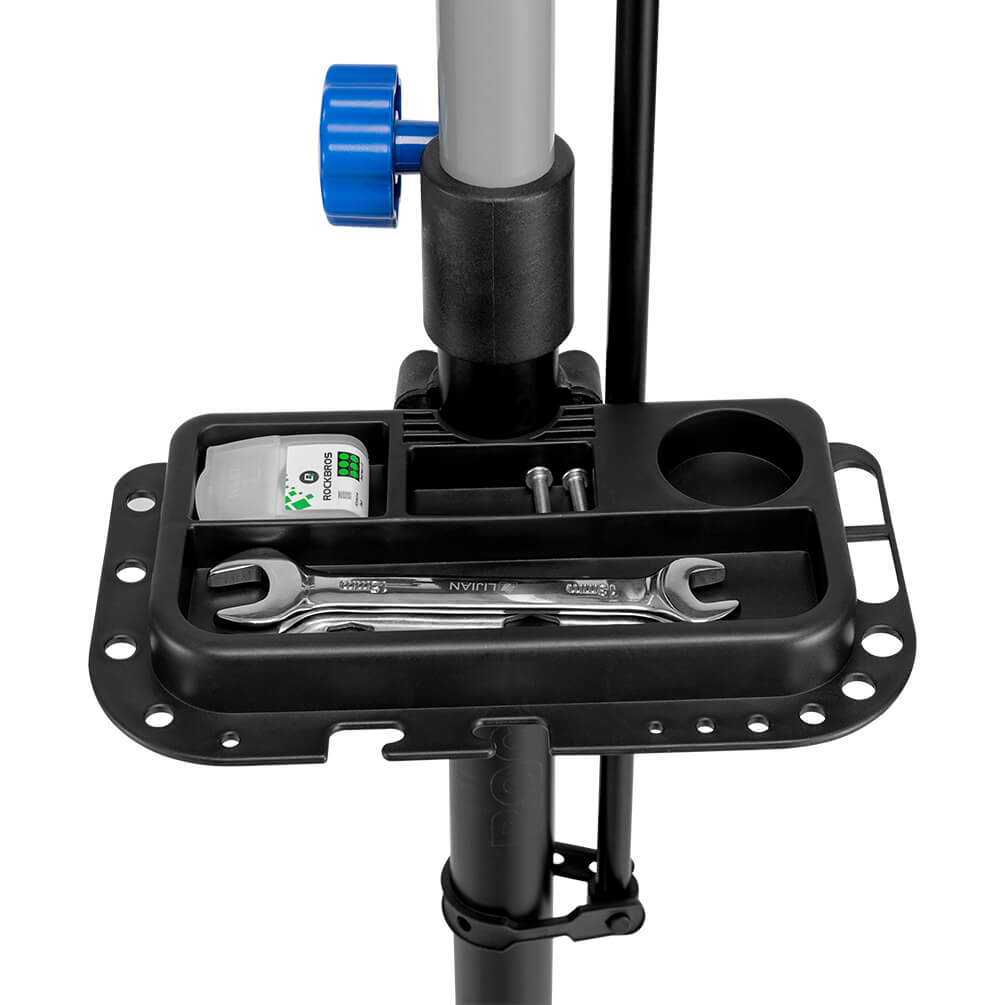 ROCKBROS adjustable telescopic bike repair stand with 360-degree rotating clamp, height adjustment, and foldable four-leg base for bicycle maintenance