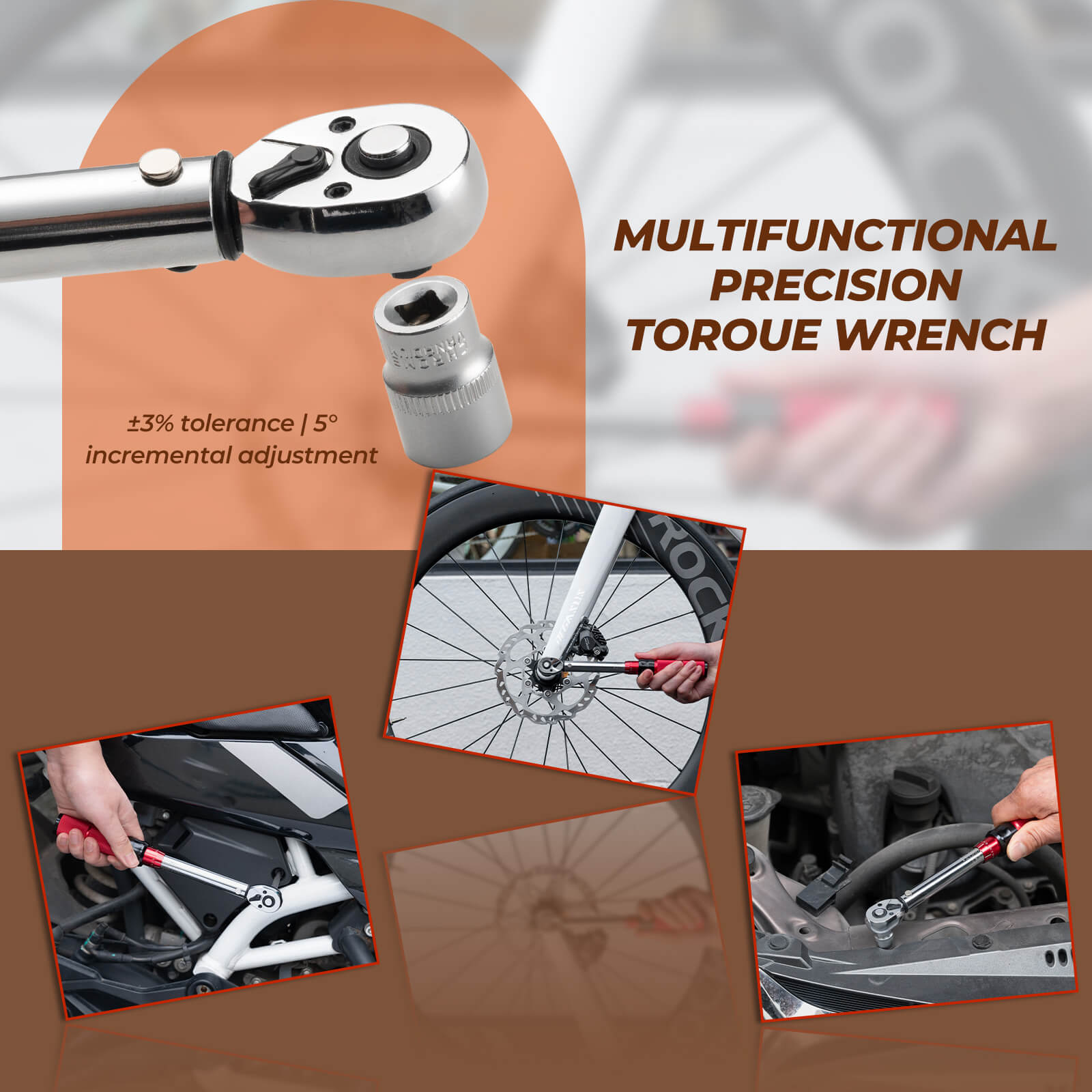 ROCKBROS Adjustable Torque Wrench Set for precise bicycle maintenance and repair, featuring 72-tooth ratchet and 2-24Nm torque adjustment