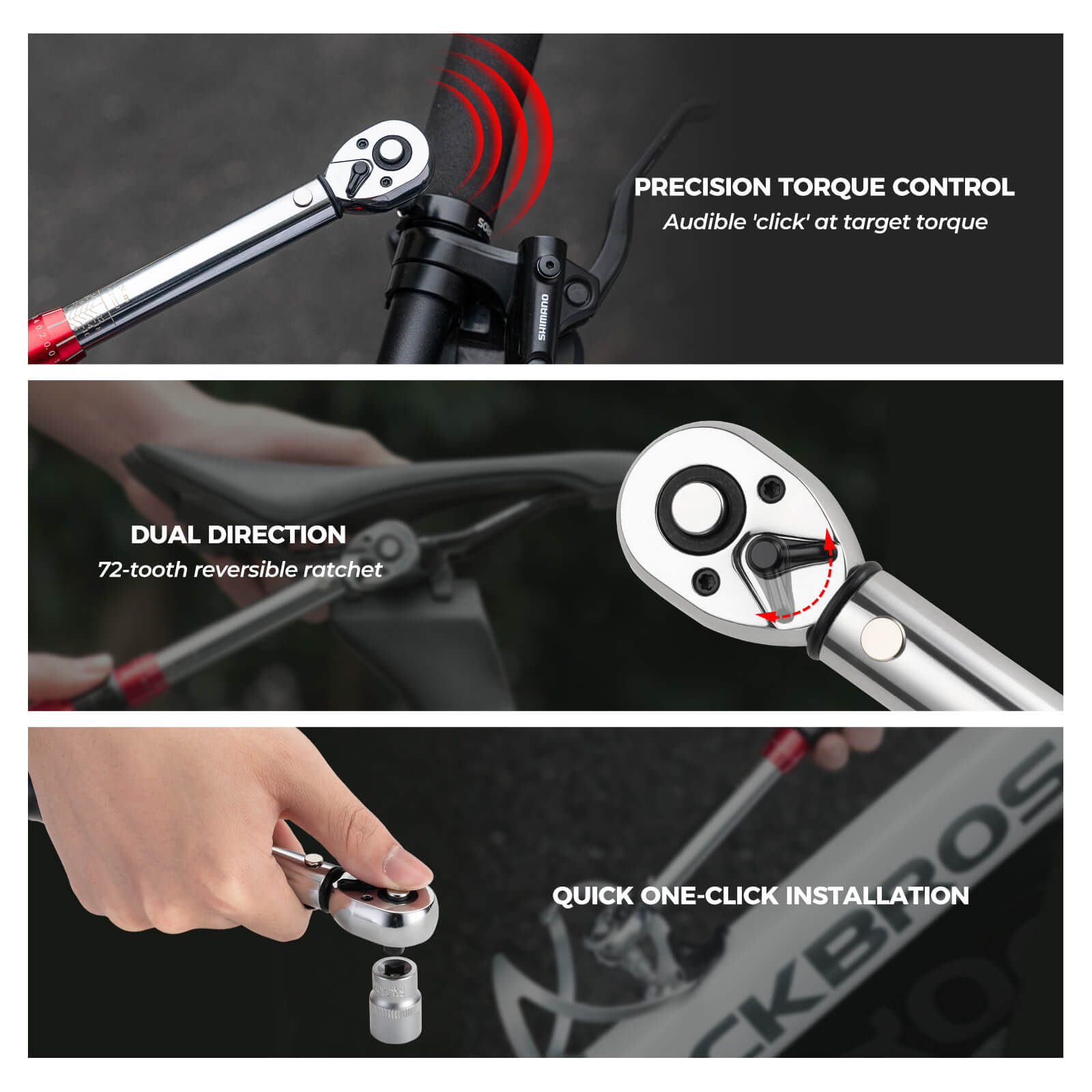 ROCKBROS Adjustable Torque Wrench Set for precise bicycle maintenance and repair, featuring 72-tooth ratchet and 2-24Nm torque adjustment