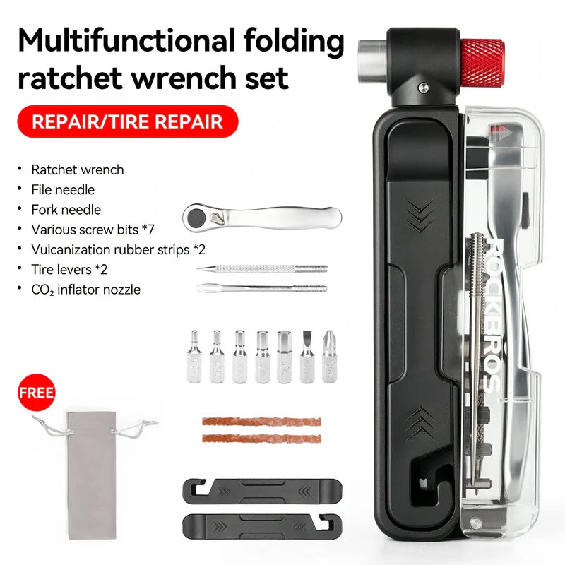 ROCKBROS all-in-one bike repair tool kit with mini ratchet, tire repair tools, and CO2 inflator
