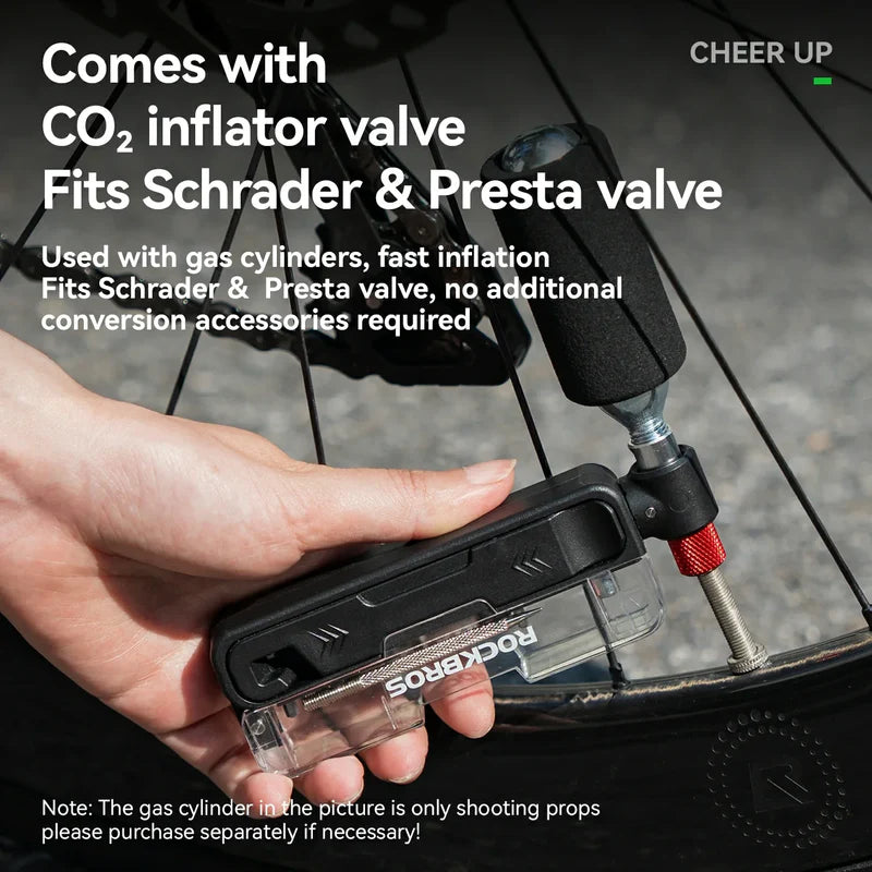 ROCKBROS all-in-one bike repair tool kit with mini ratchet, tire repair tools, and CO2 inflator