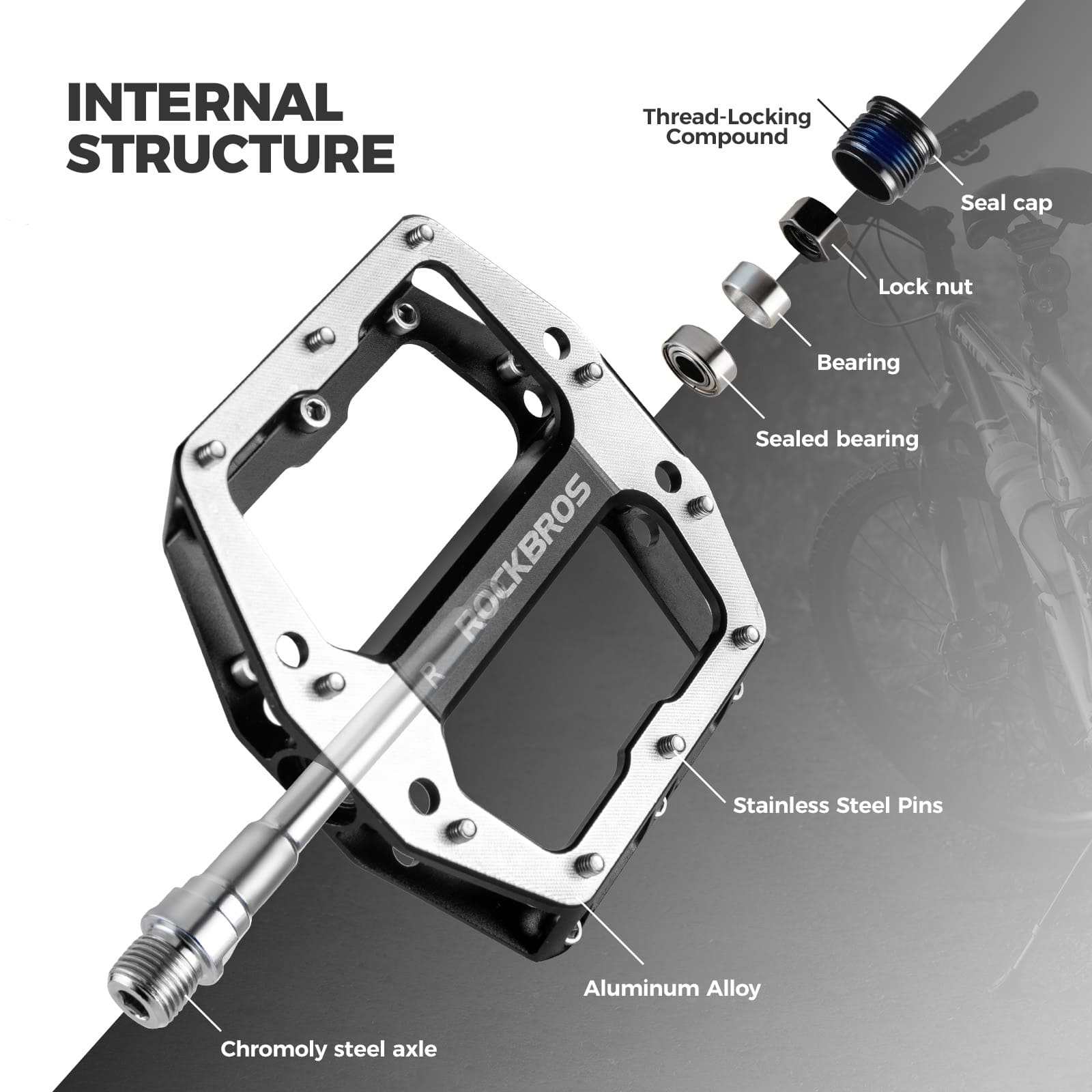 ROCKBROS aluminum alloy downhill bike pedals with wide platform and anti-slip pins for MTB riding