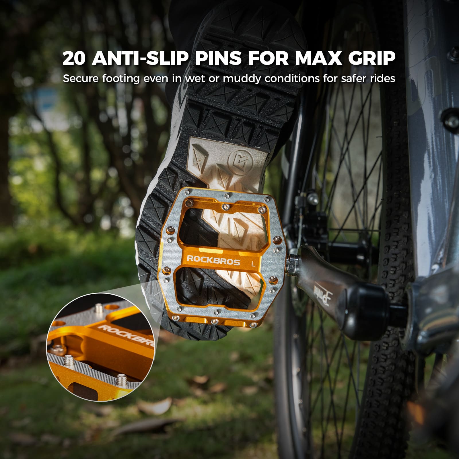 ROCKBROS aluminum alloy downhill bike pedals with wide platform and anti-slip pins for MTB riding
#Color_Gold