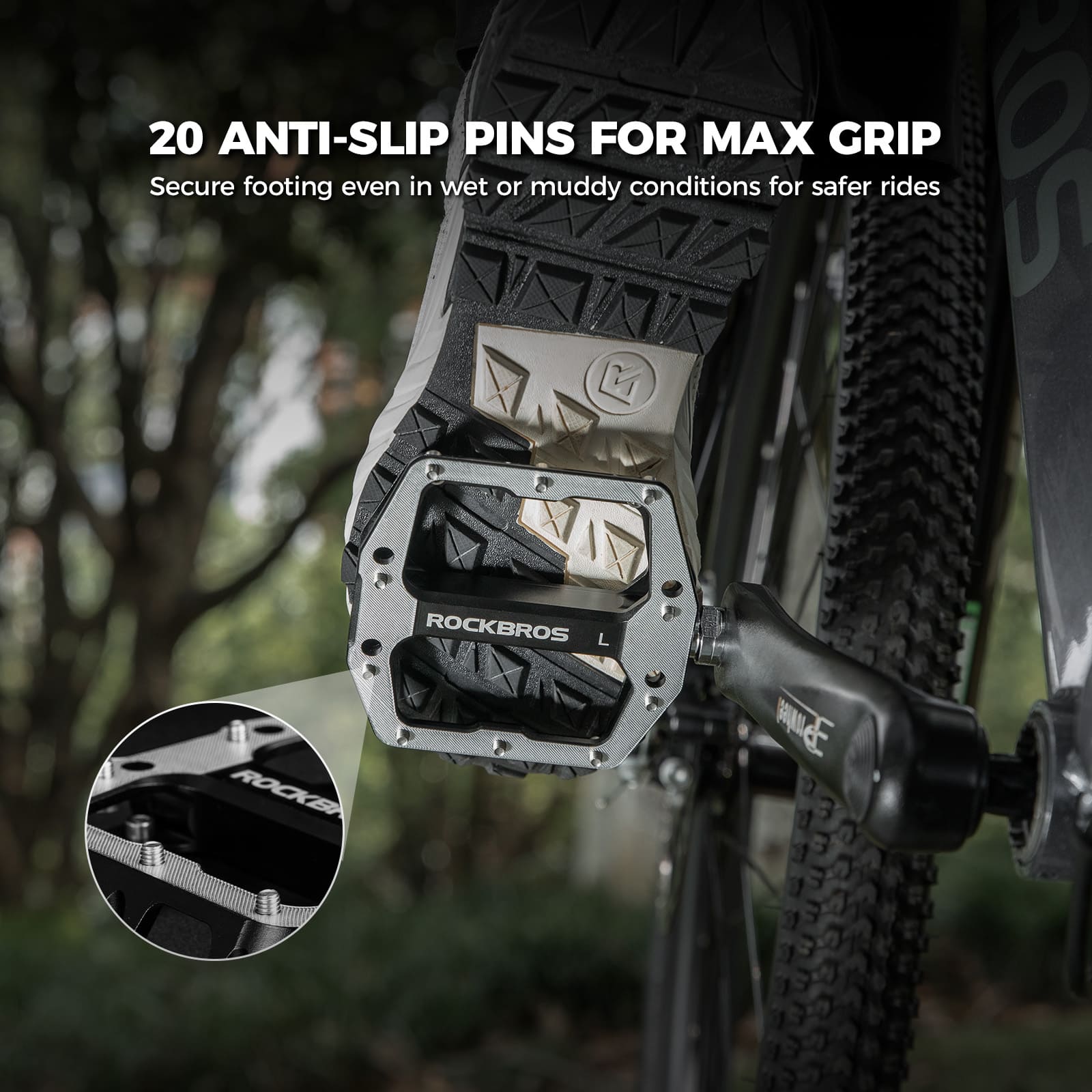 ROCKBROS aluminum alloy downhill bike pedals with wide platform and anti-slip pins for MTB riding
#Color_Black