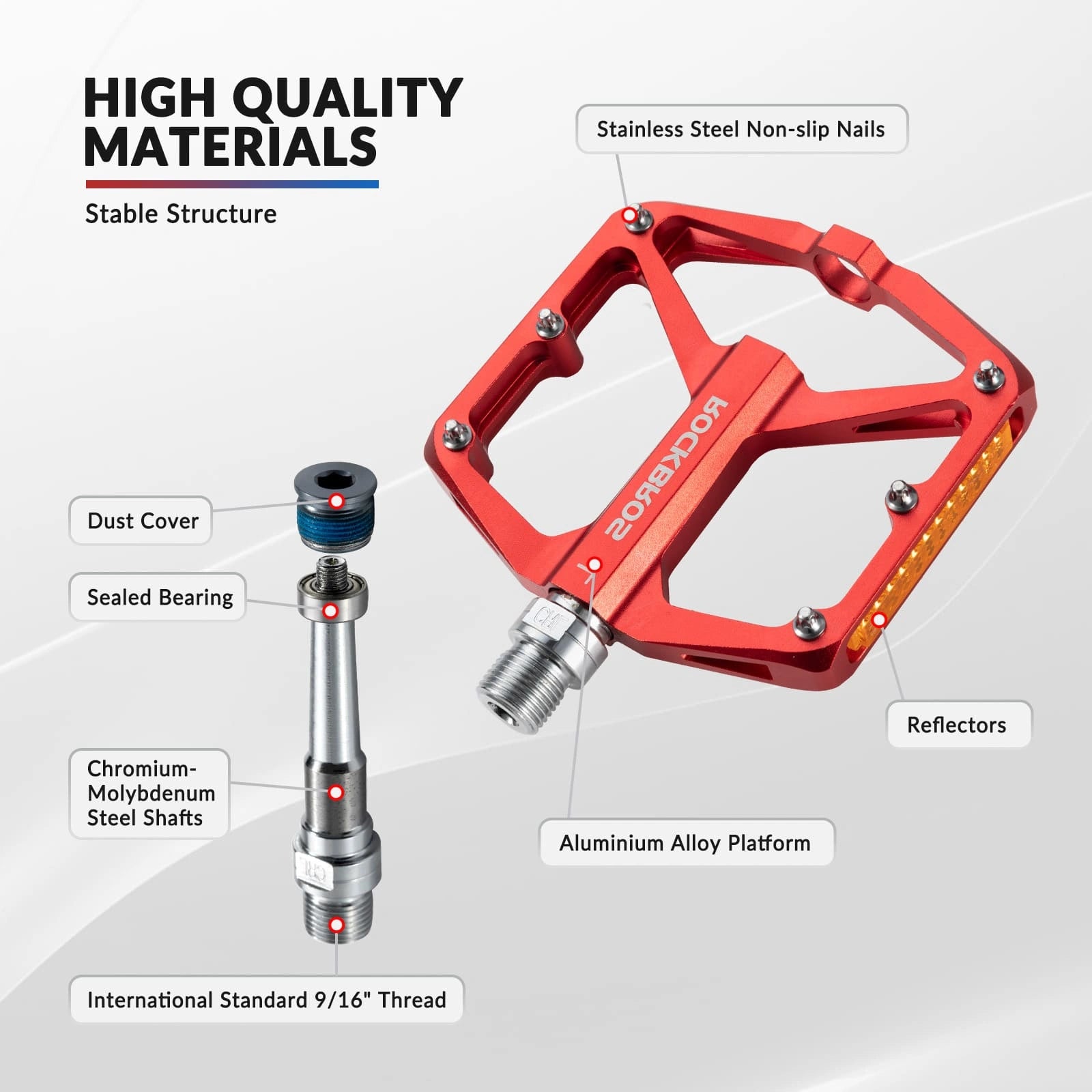 ROCKBROS Aluminum Alloy Reflective Bike Pedals with Anti-Slip Studs, Sealed Bearings, and Lightweight Hollow Design
#Color_Red
