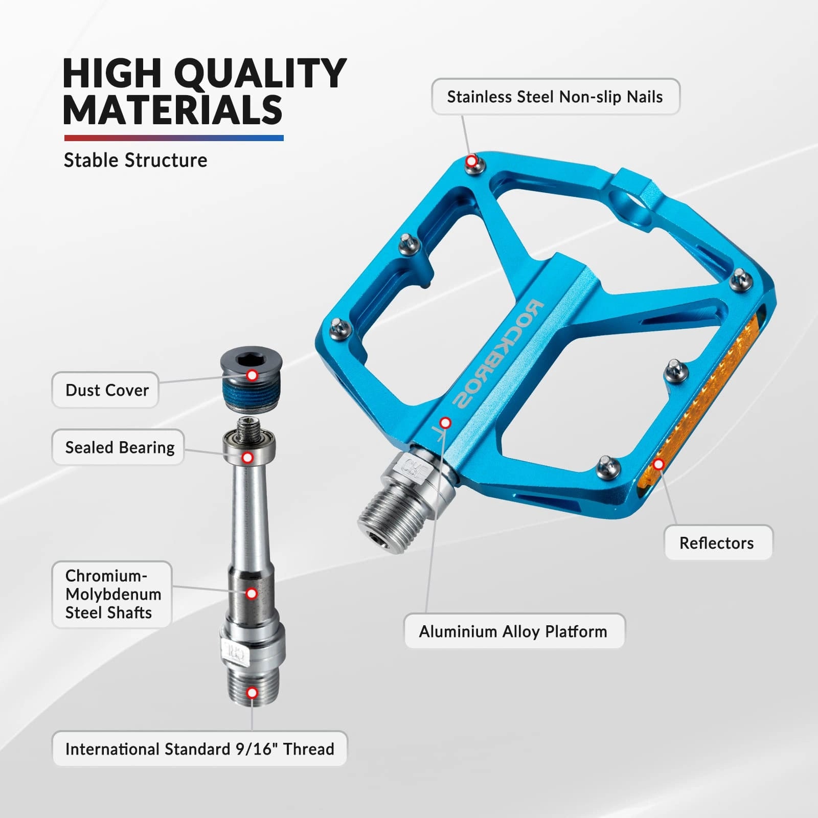 ROCKBROS Aluminum Alloy Reflective Bike Pedals with Anti-Slip Studs, Sealed Bearings, and Lightweight Hollow Design
#Color_Blue