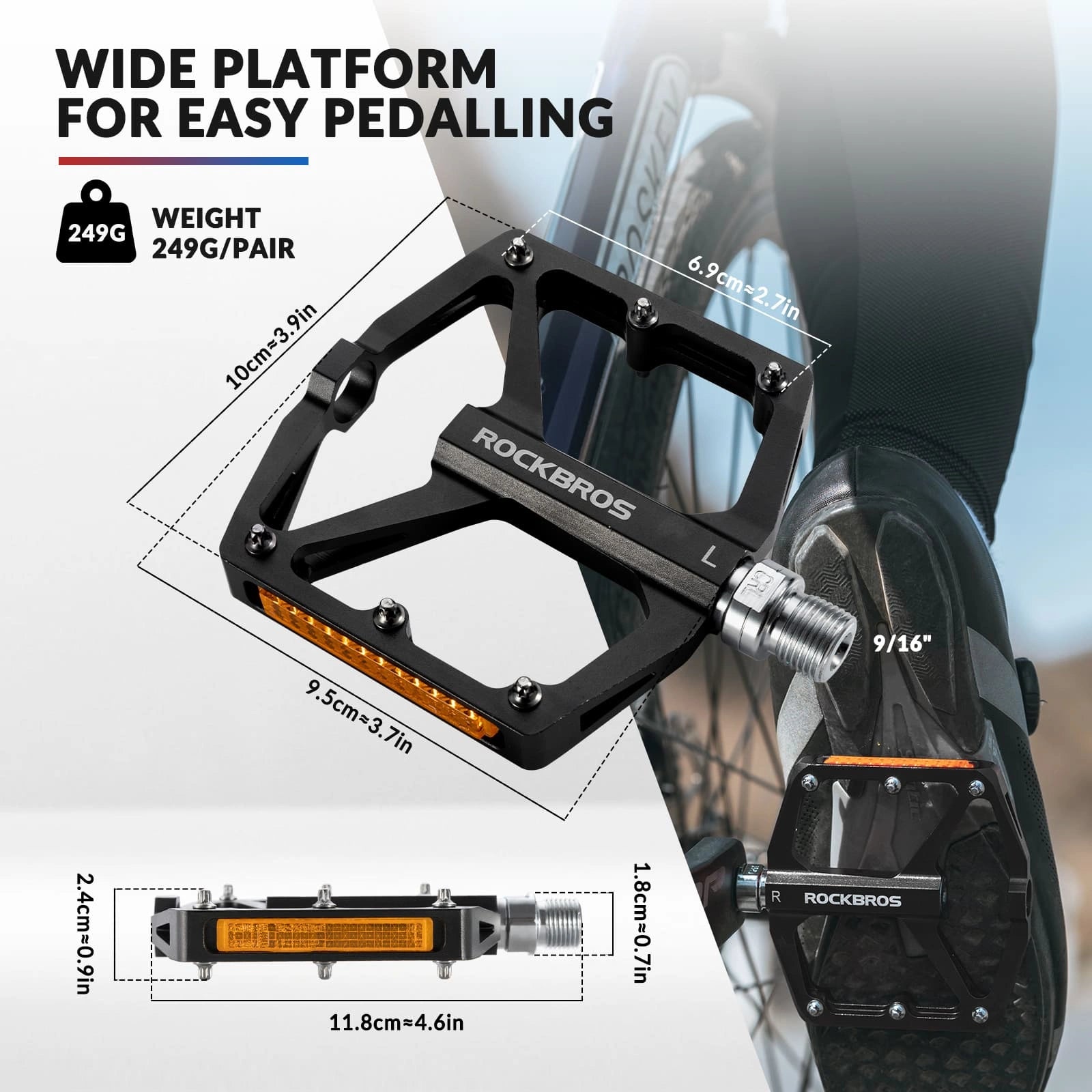 ROCKBROS Aluminum Alloy Reflective Bike Pedals with Anti-Slip Studs, Sealed Bearings, and Lightweight Hollow Design
#Color_Black