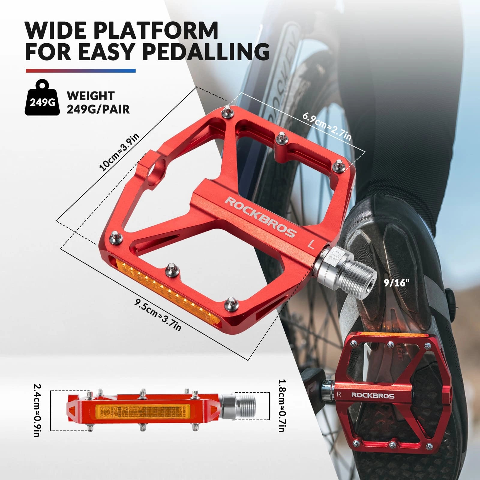 ROCKBROS Aluminum Alloy Reflective Bike Pedals with Anti-Slip Studs, Sealed Bearings, and Lightweight Hollow Design
#Color_Red