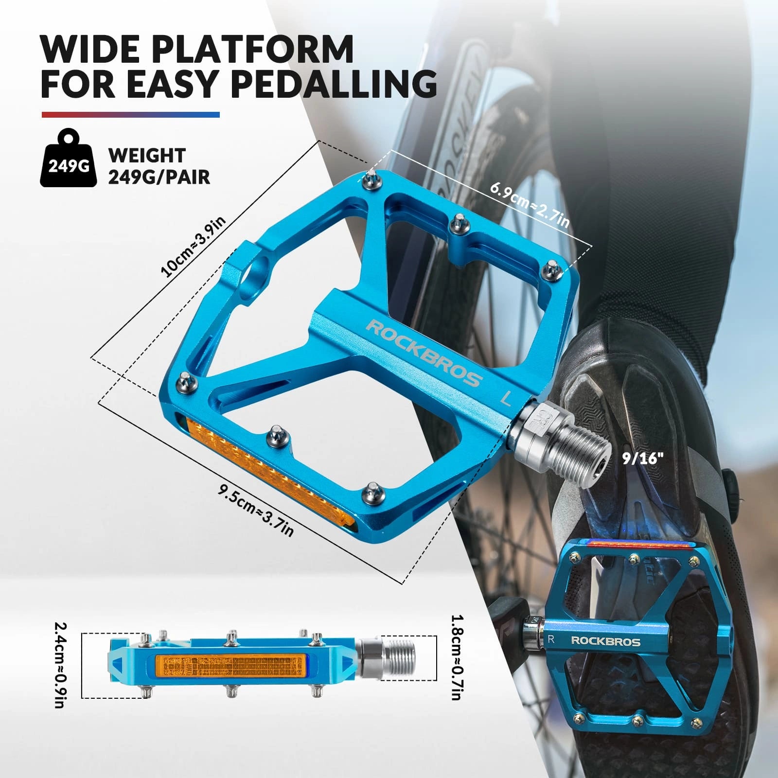 ROCKBROS Aluminum Alloy Reflective Bike Pedals with Anti-Slip Studs, Sealed Bearings, and Lightweight Hollow Design
#Color_Blue