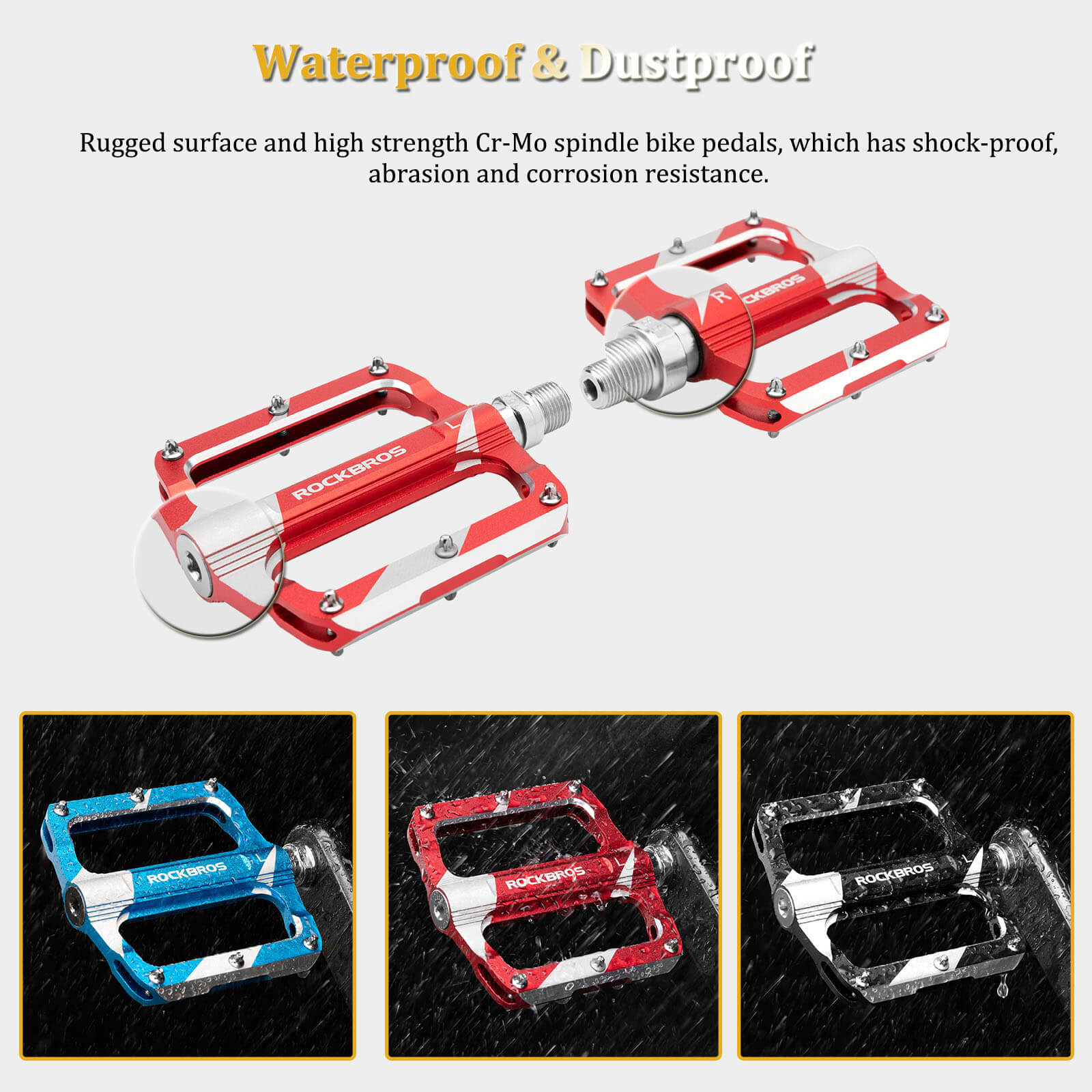 Waterproof ROCKBROS aluminum alloy bike pedals with sealed bearings for smooth and durable pedaling
#Color_Red