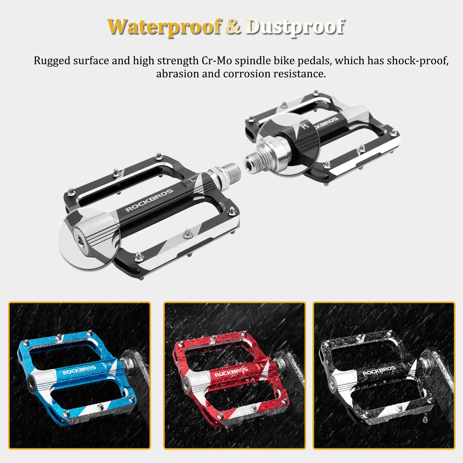 Waterproof ROCKBROS aluminum alloy bike pedals with sealed bearings for smooth and durable pedaling
#Color_Black