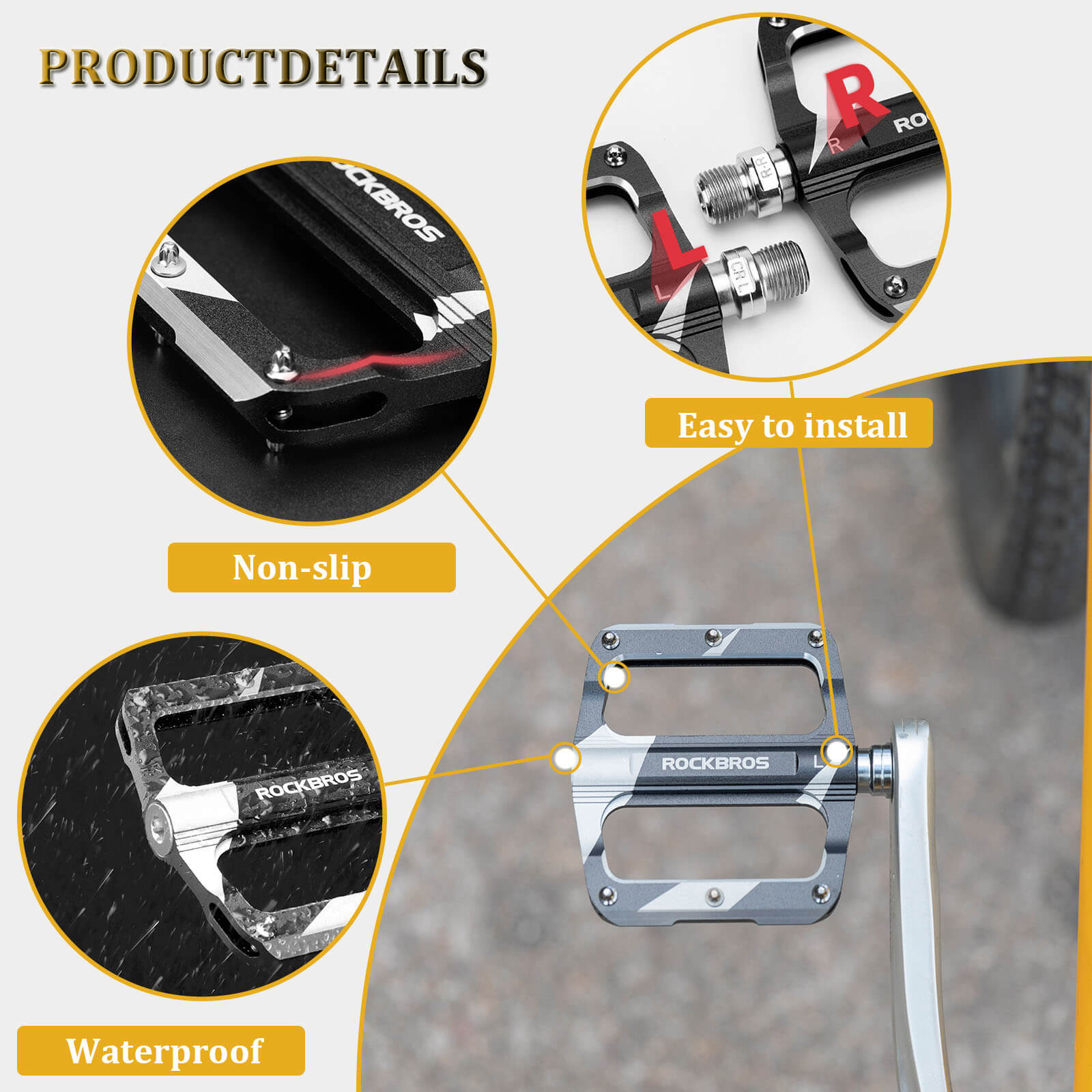 Wide platform ROCKBROS bike pedals ideal for mountain, road, and leisure bikes
#Color_Black