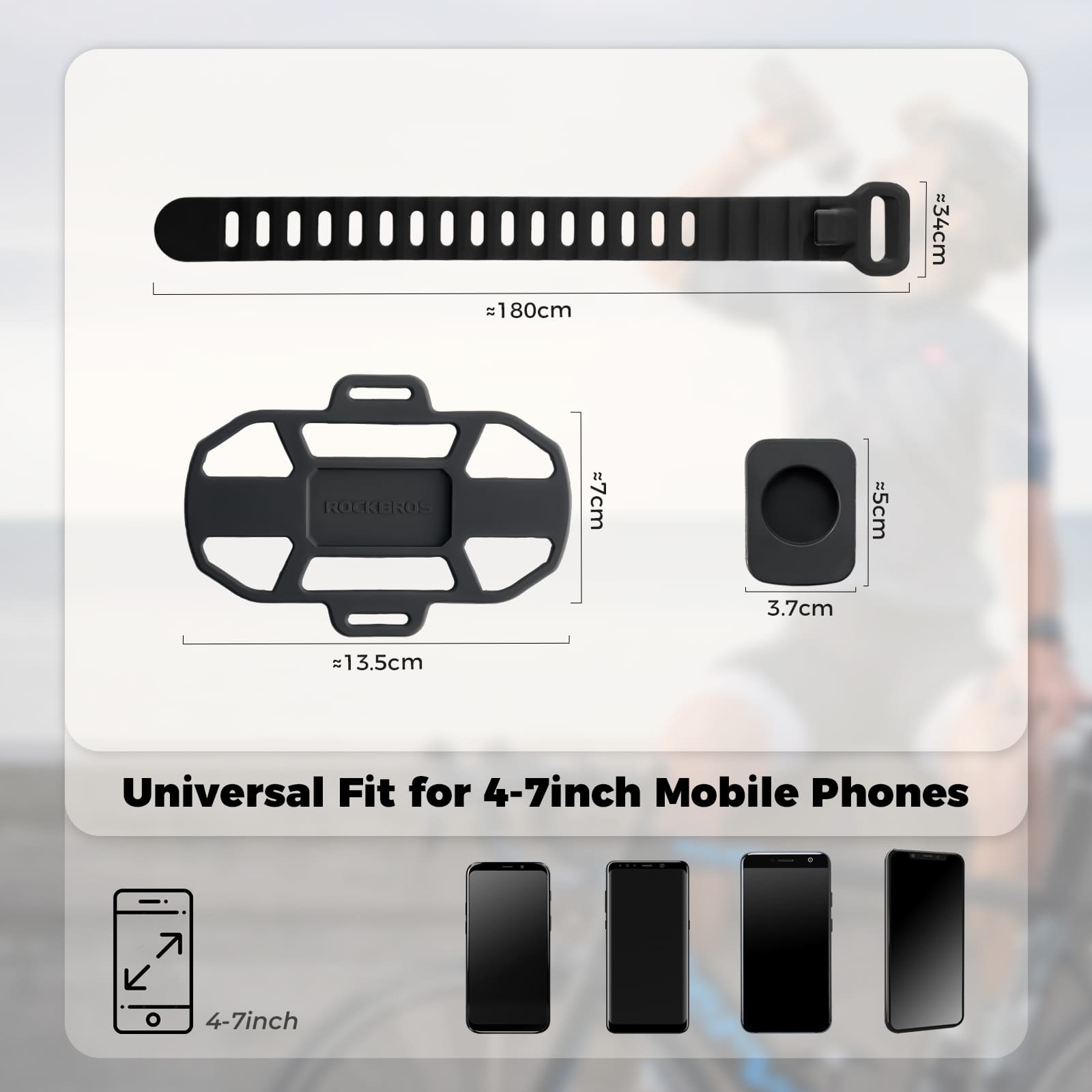 ROCKBROS anti-slip silicone bike phone mount for 4–7 inch smartphones on road and mountain bikes
