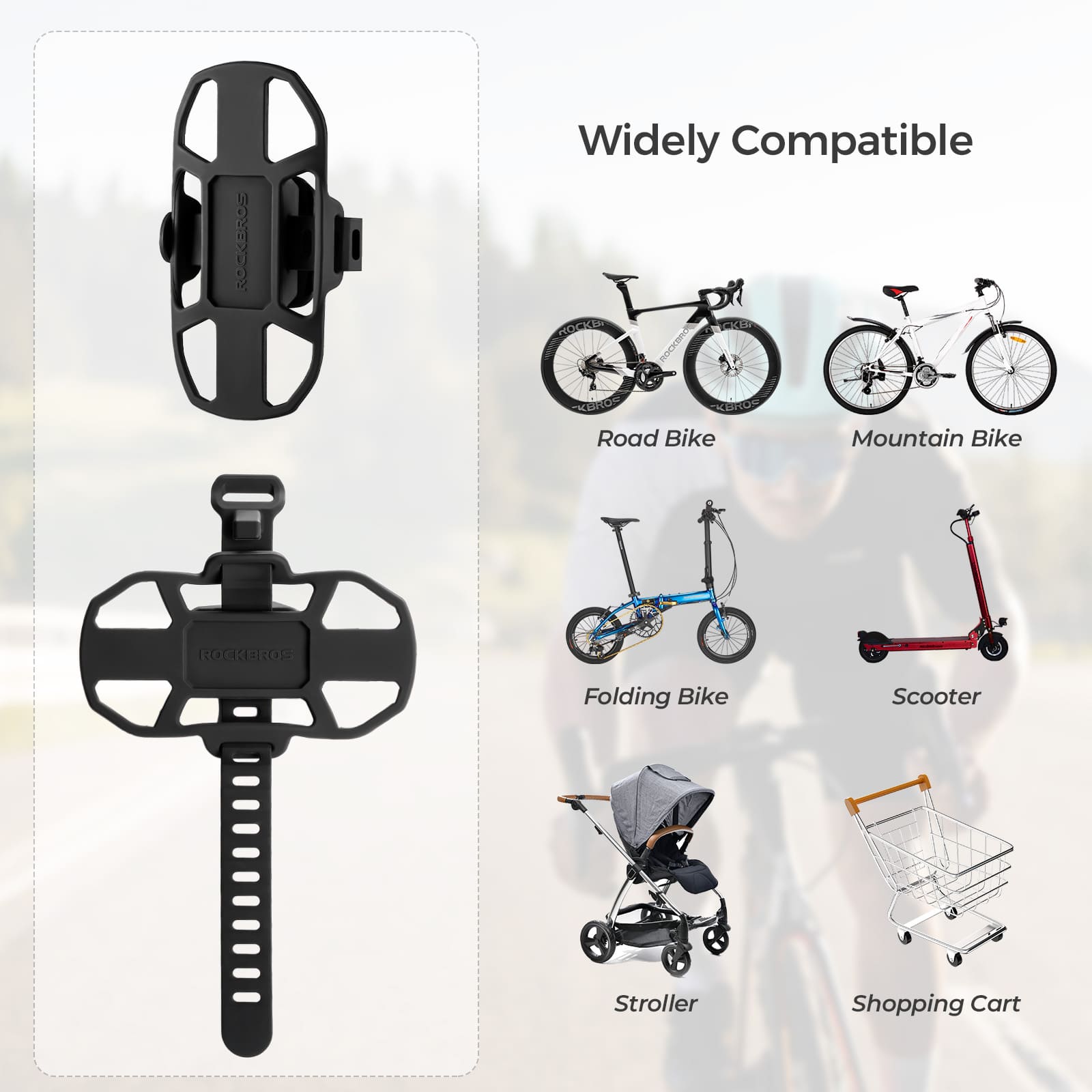 ROCKBROS anti-slip silicone bike phone mount for 4–7 inch smartphones on road and mountain bikes