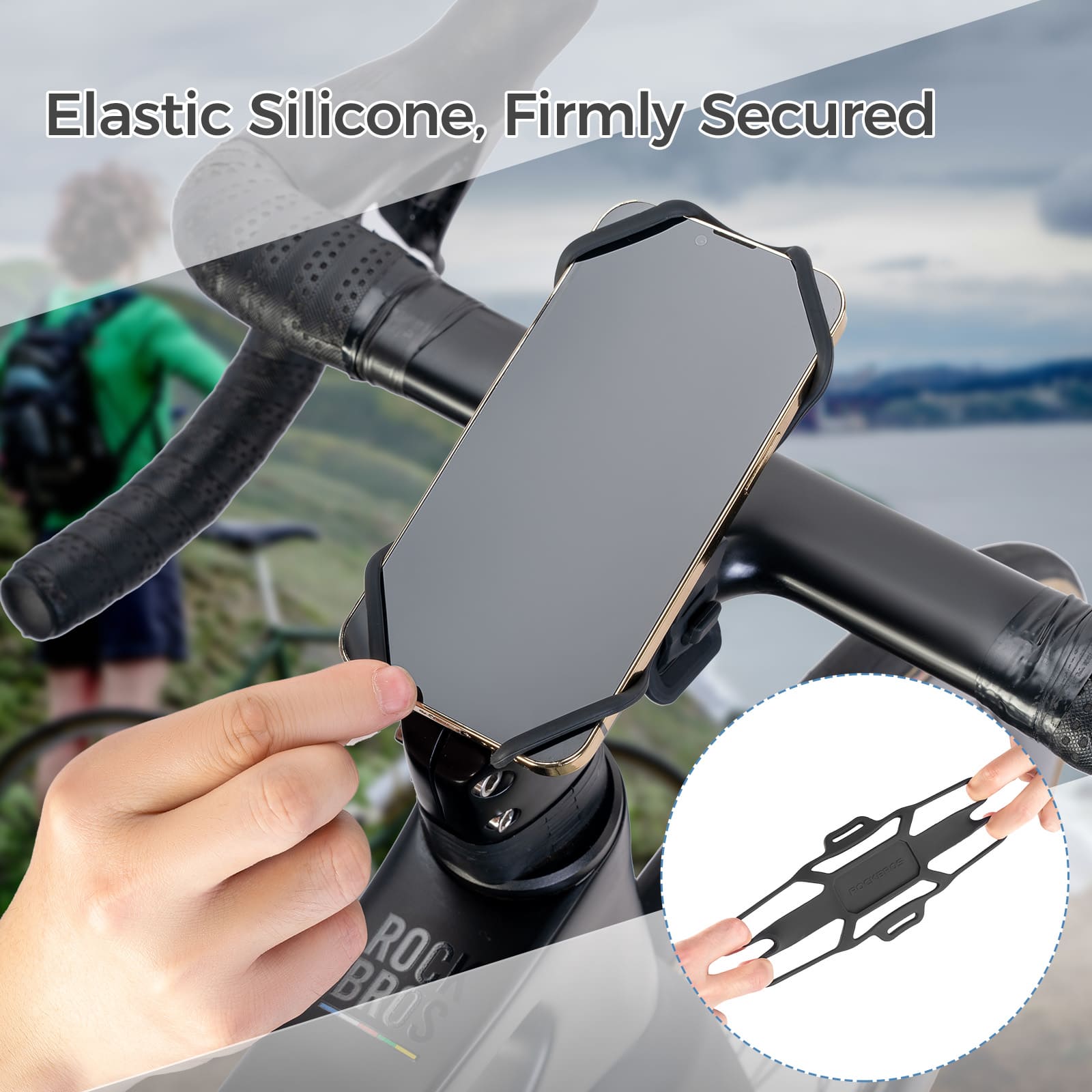 ROCKBROS anti-slip silicone bike phone mount for 4–7 inch smartphones on road and mountain bikes