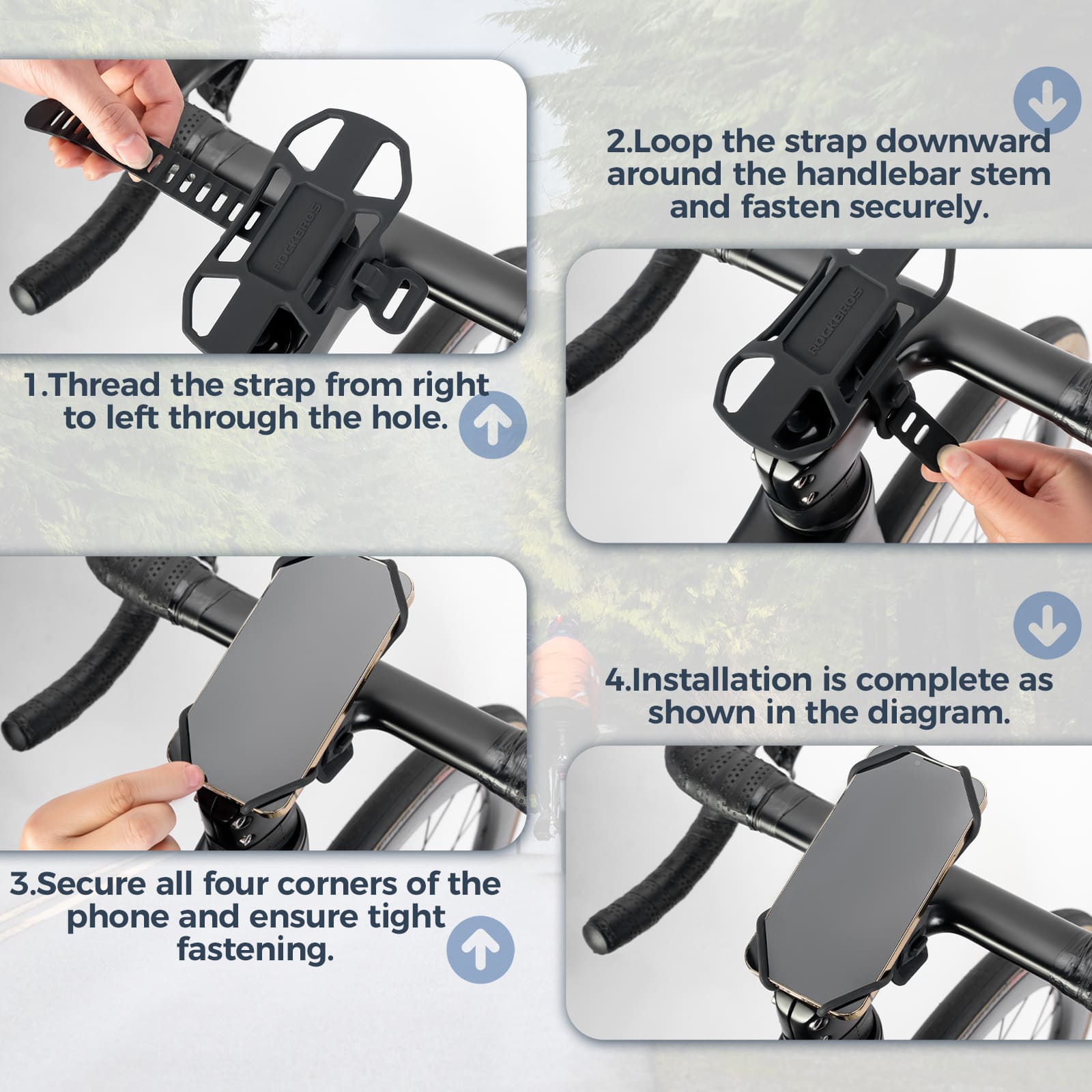 ROCKBROS anti-slip silicone bike phone mount for 4–7 inch smartphones on road and mountain bikes