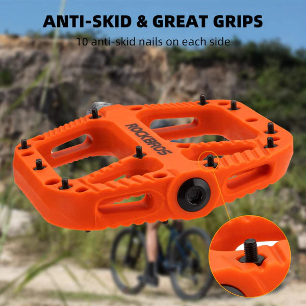 ROCKBROS Anti-Slip Wide Nylon Comfort Bike Pedals with Cr-Mo Steel Spindle, Sealed DU Bearings, and 9/16 Inch Fit
#Color_Orange