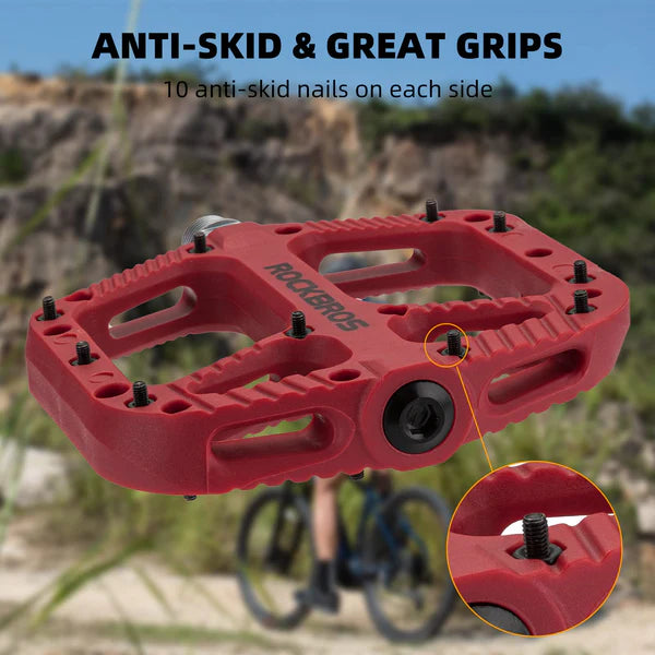 ROCKBROS Anti-Slip Wide Nylon Comfort Bike Pedals with Cr-Mo Steel Spindle, Sealed DU Bearings, and 9/16 Inch Fit
#Color_Red