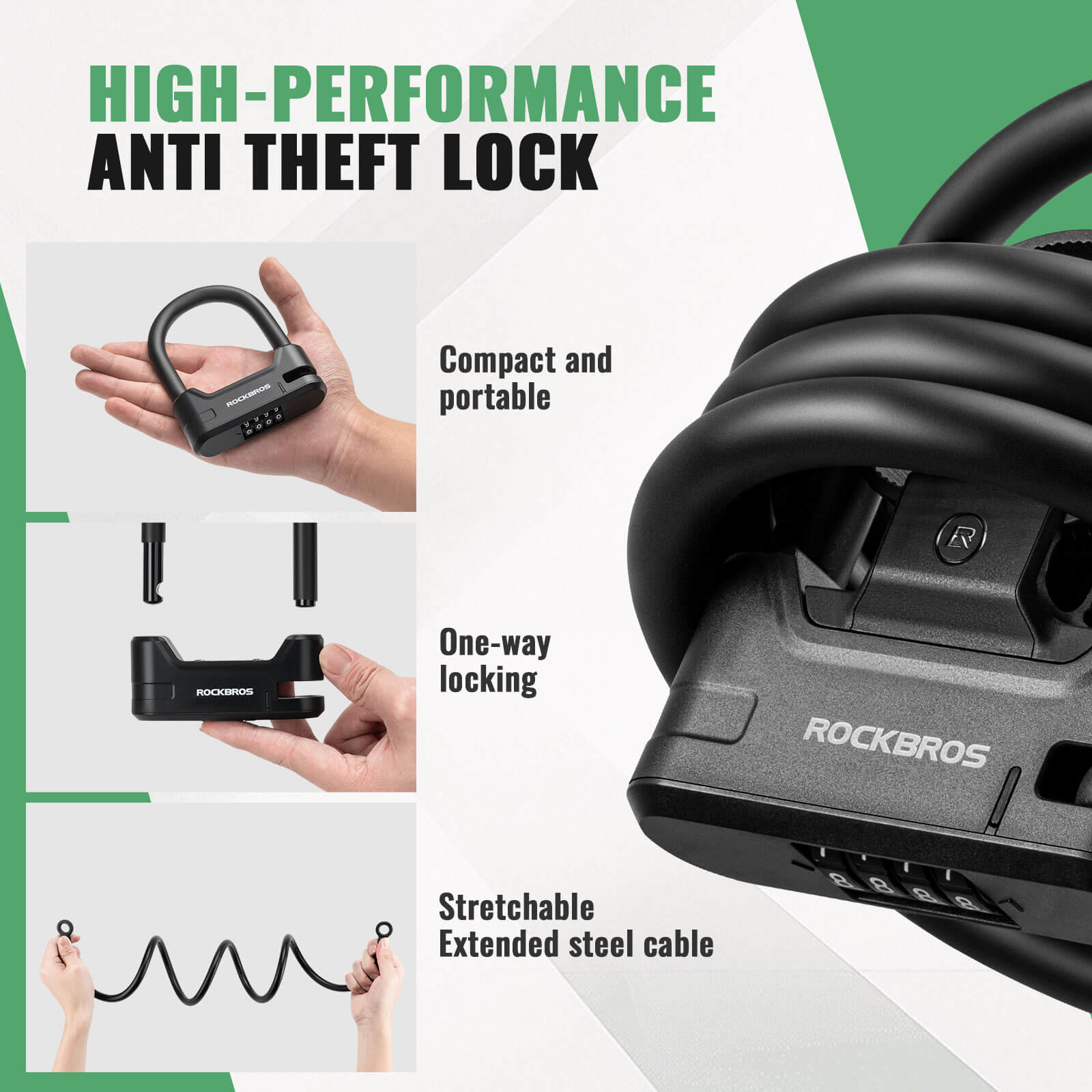 ROCKBROS anti-theft electric scooter U lock with steel cable for helmet and scooter security