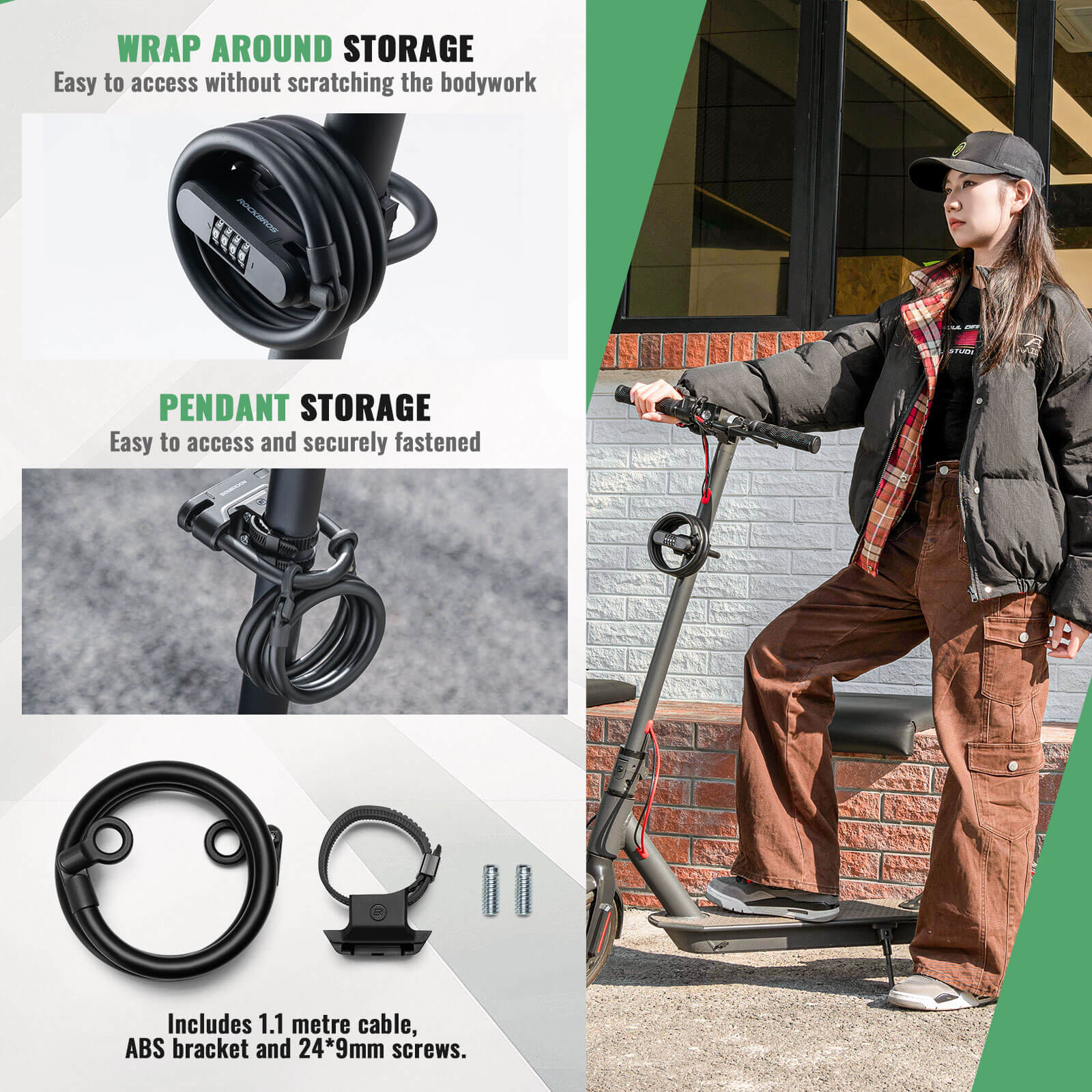 ROCKBROS anti-theft electric scooter U lock with steel cable for helmet and scooter security