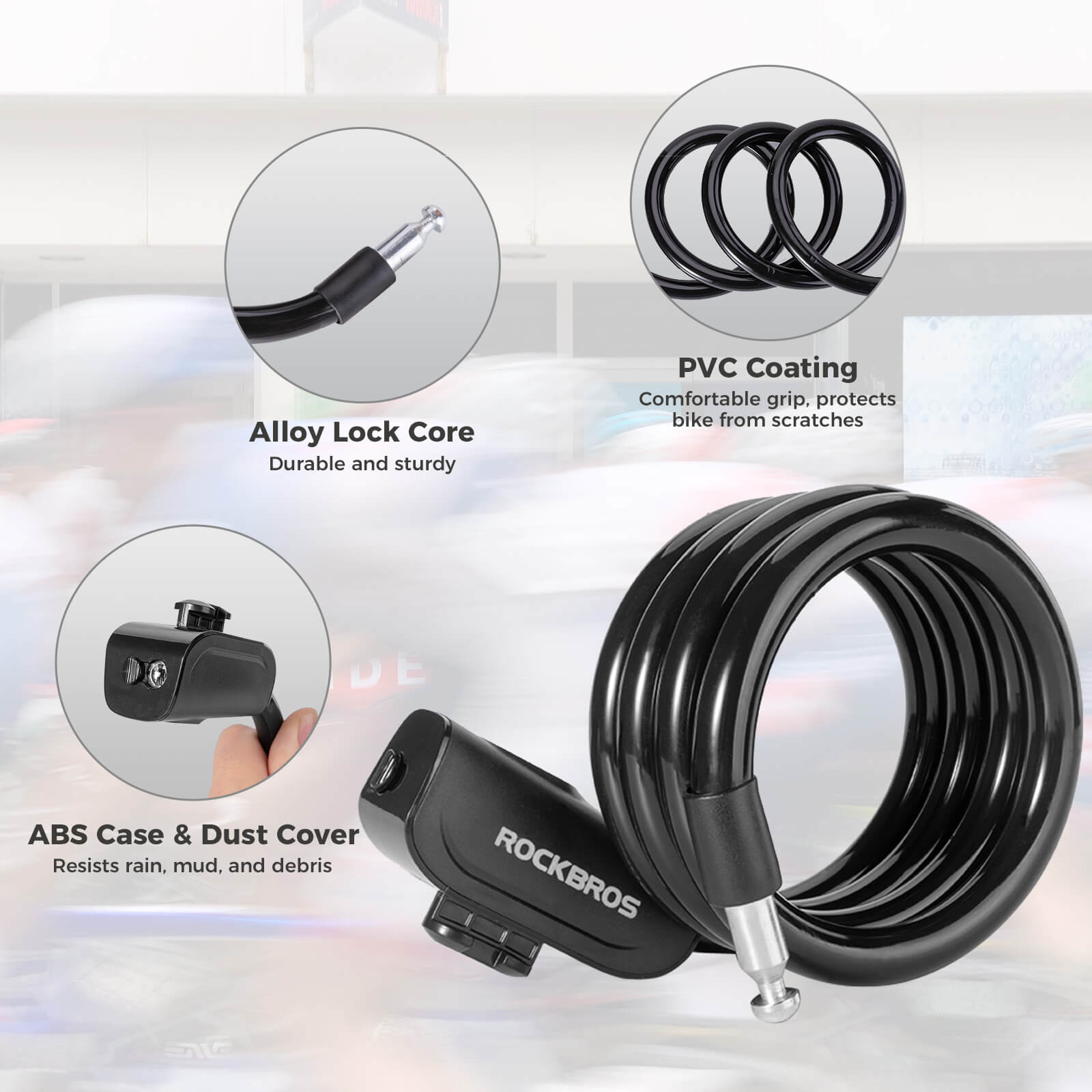 Close-up view of ROCKBROS Bicycle Cable Lock and copper lock core
#Color_Black