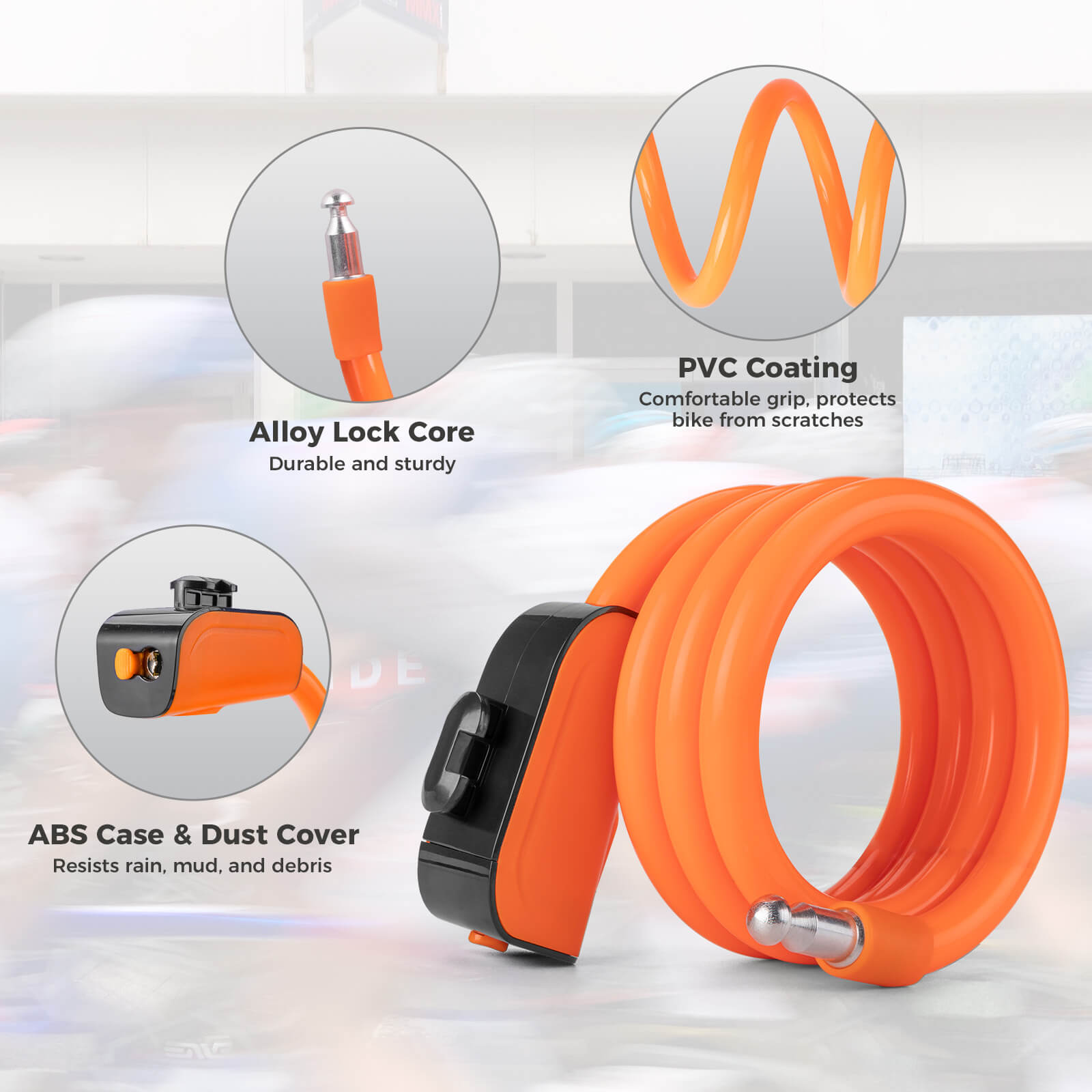 Close-up view of ROCKBROS Bicycle Cable Lock and copper lock core
#Color_Orange