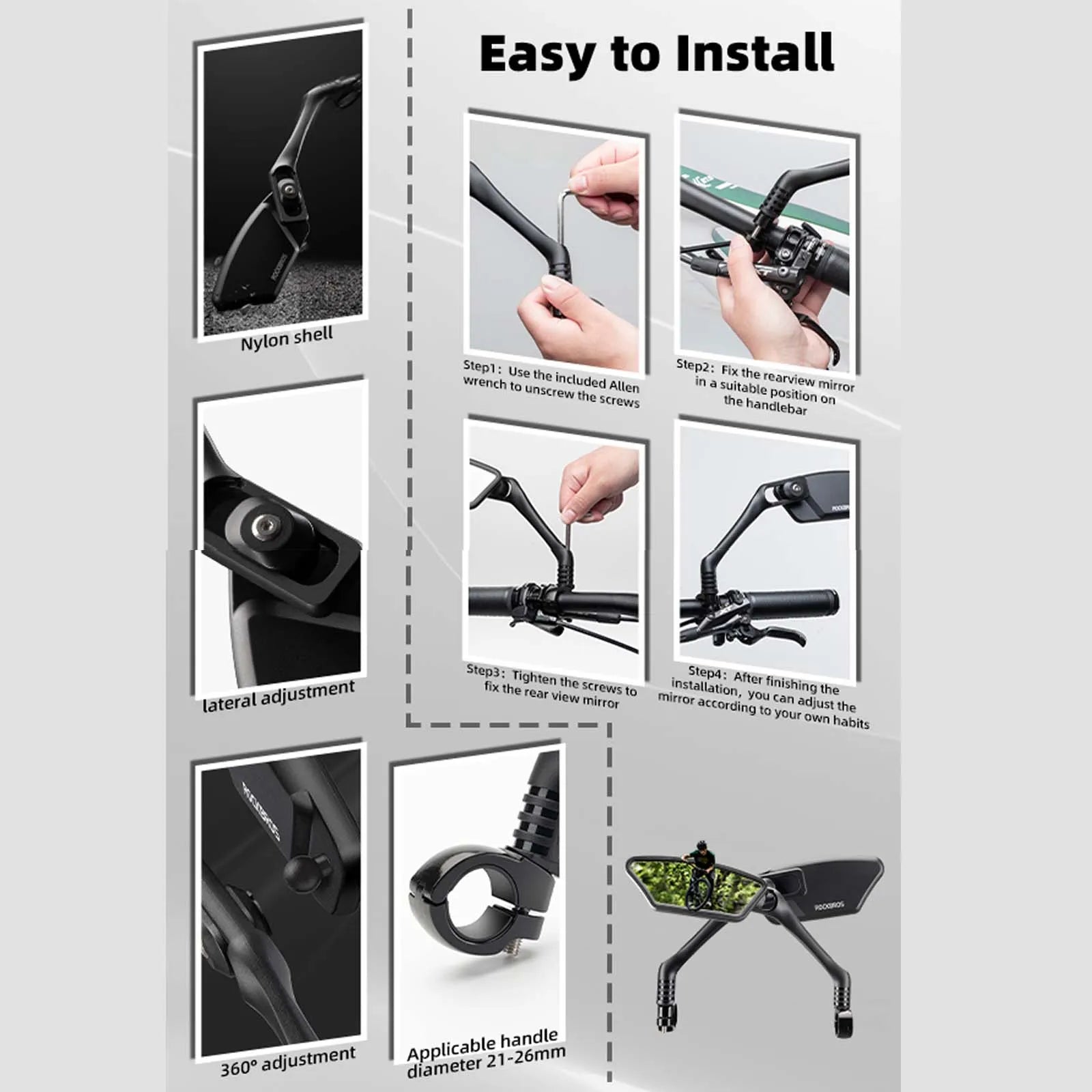 ROCKBROS adjustable bike handlebar mirror installation guide showing step-by-step mounting instructions