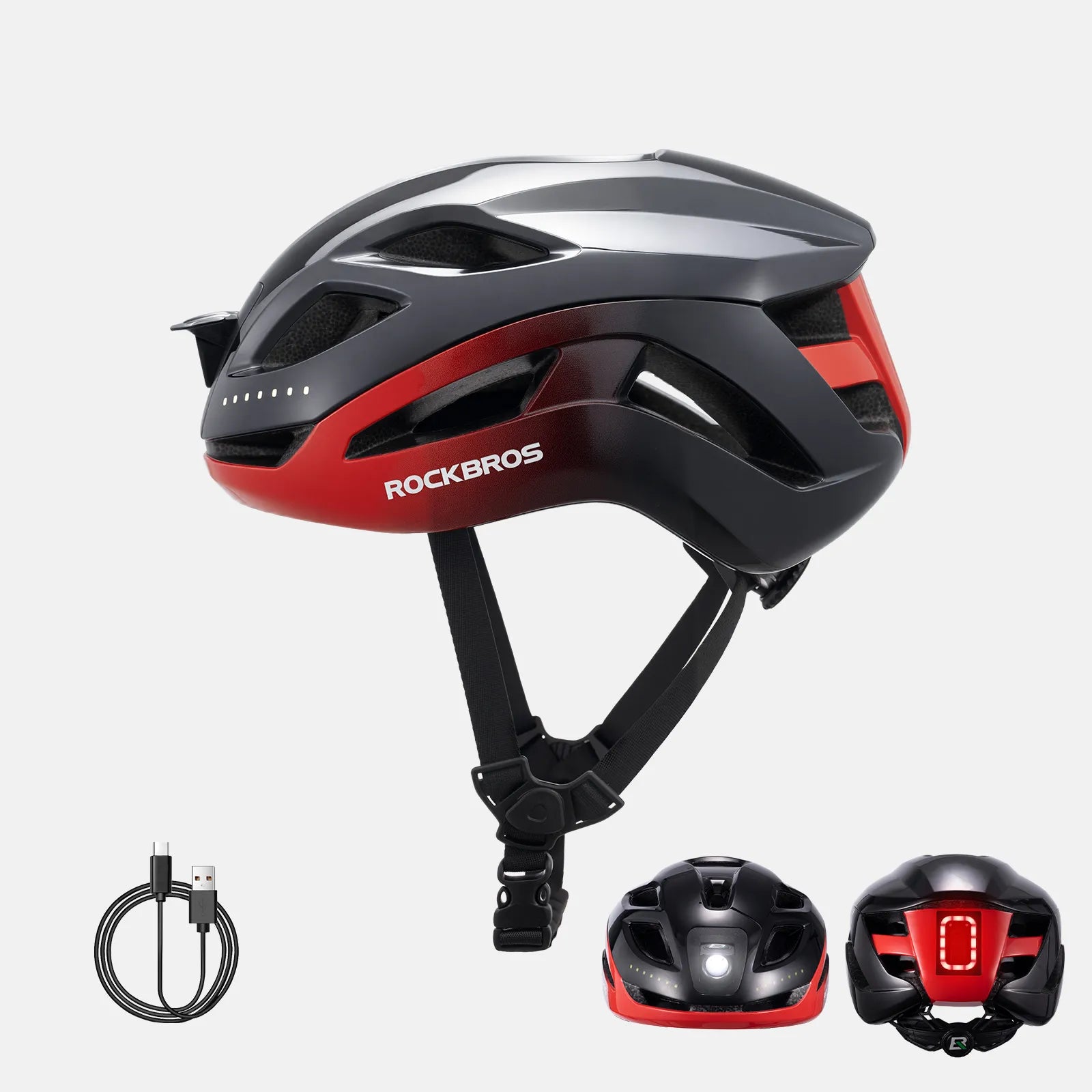 ROCKBROS bike helmet with LED front and rear lights for night cycling safety
#Color_Black Red