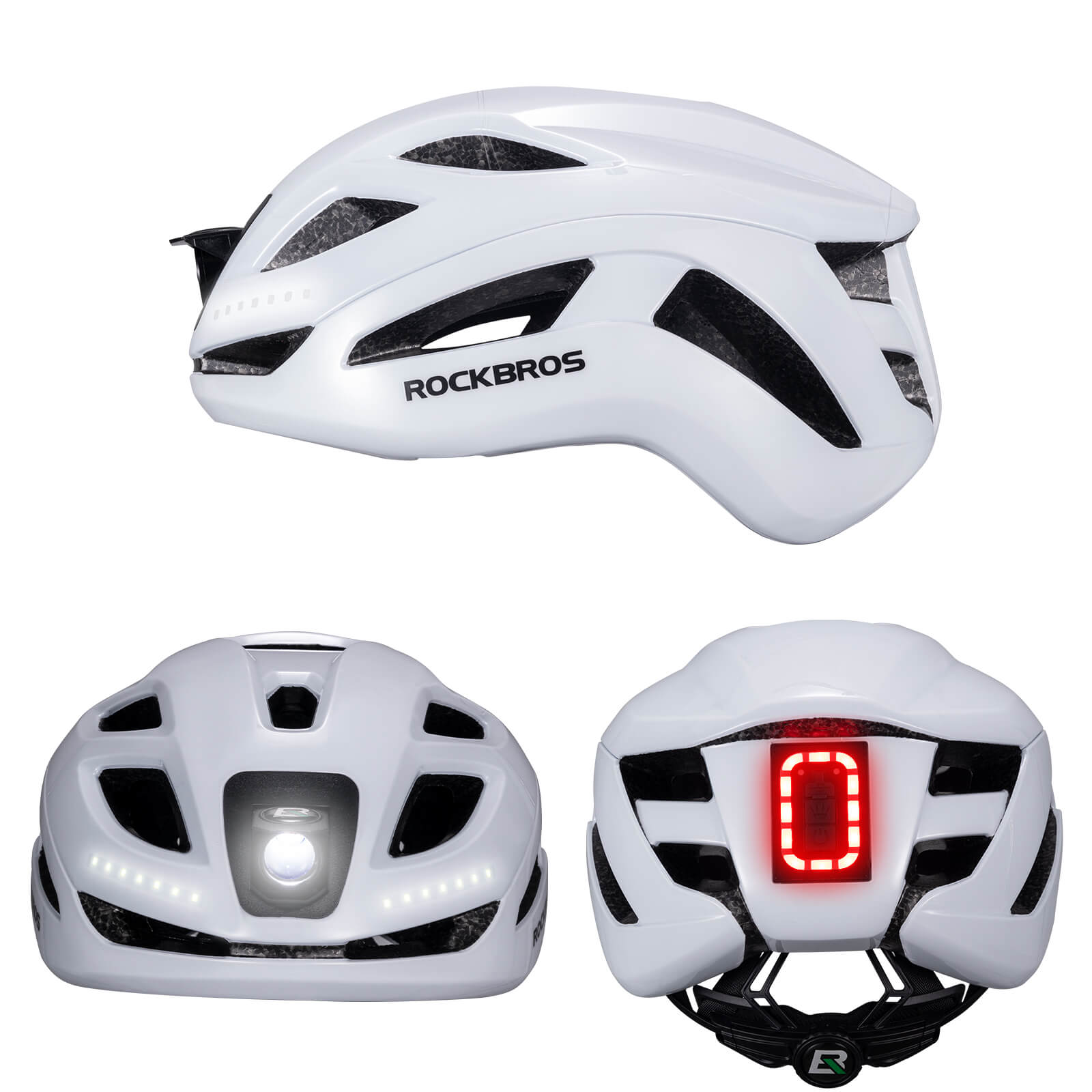 ROCKBROS bike helmet with LED front and rear lights for night cycling safety
#Color_White