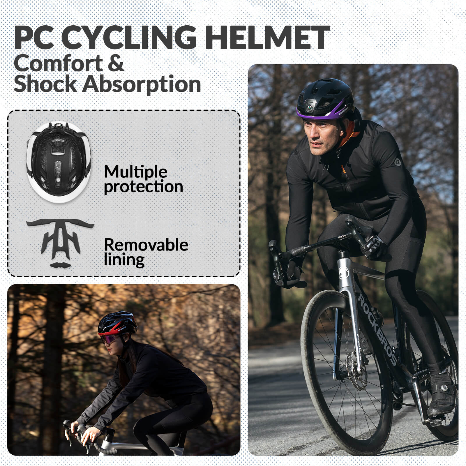 ROCKBROS bike helmet with LED front and rear lights for night cycling safety