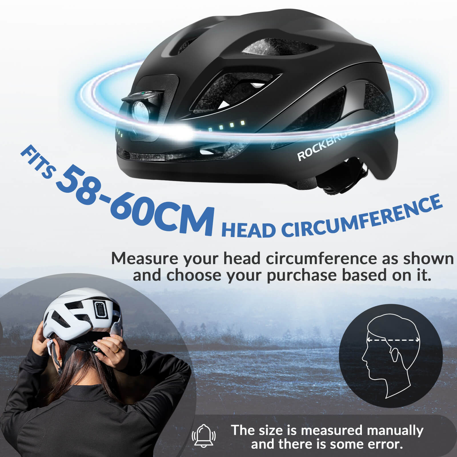 ROCKBROS bike helmet with LED front and rear lights for night cycling safety
#Color_Black