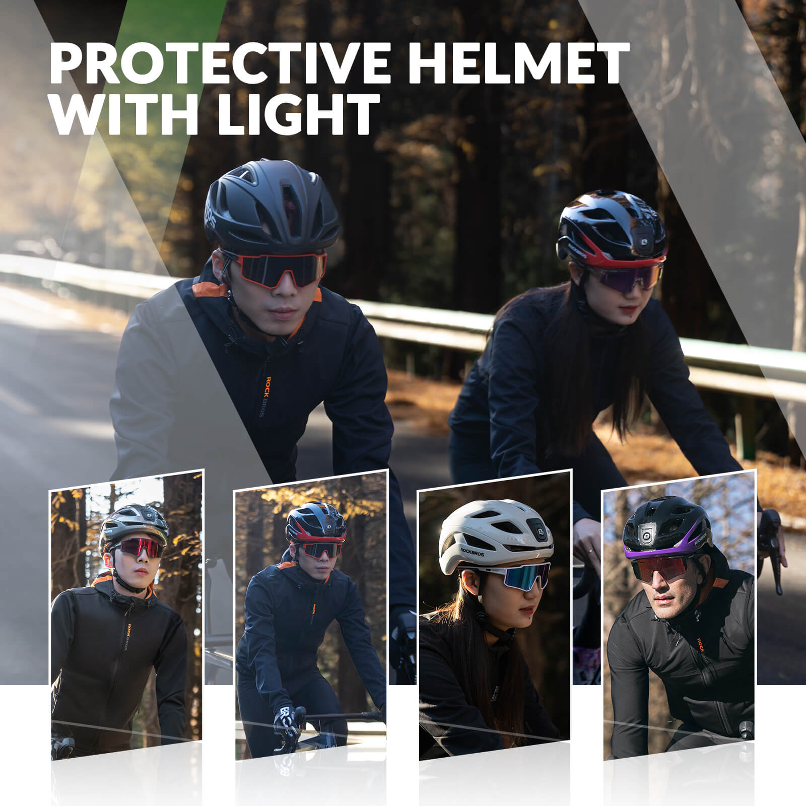ROCKBROS bike helmet with LED front and rear lights for night cycling safety