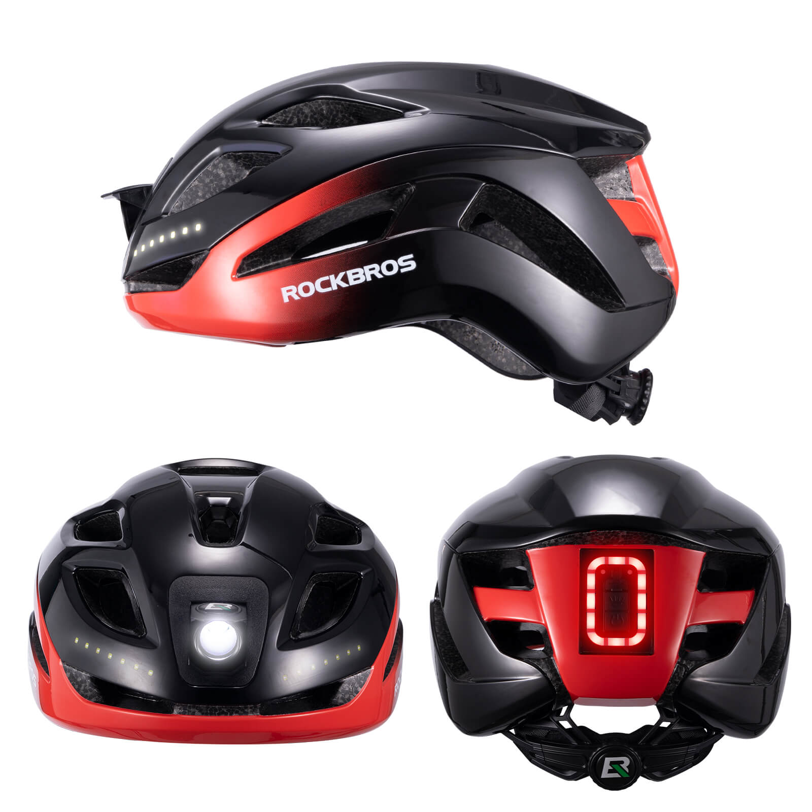 ROCKBROS bike helmet with LED front and rear lights for night cycling safety
#Color_Black Red