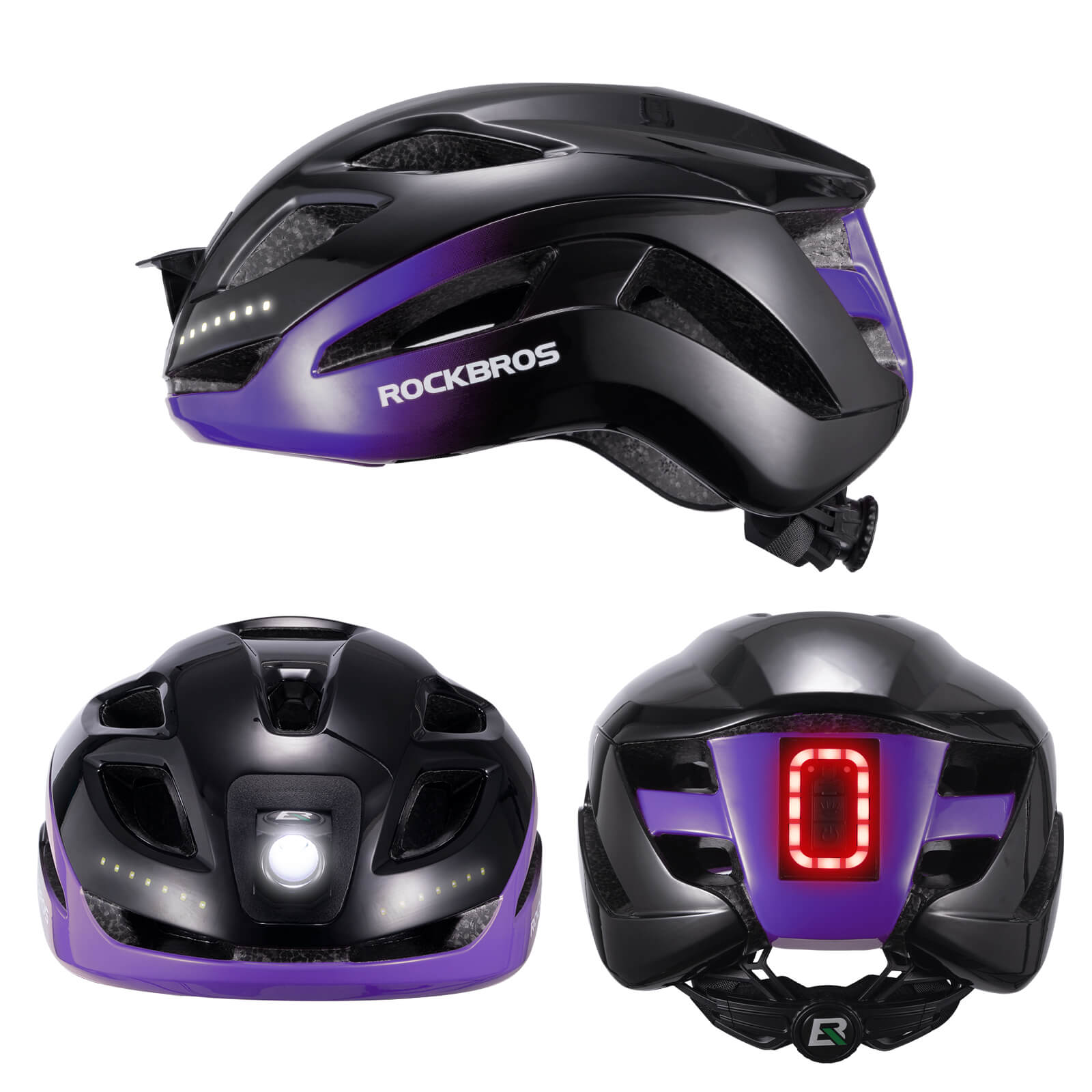 ROCKBROS bike helmet with LED front and rear lights for night cycling safety
#Color_Black Purple