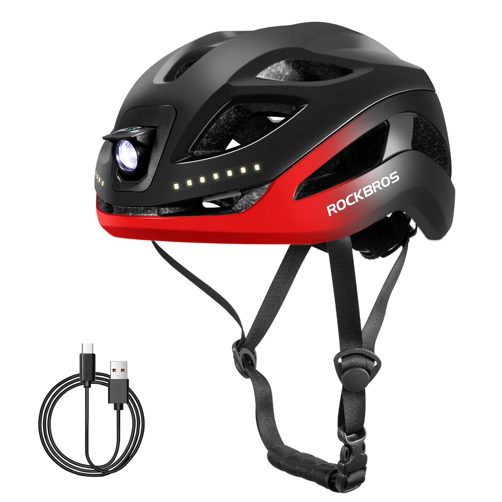 ROCKBROS bike helmet with LED front and rear lights for night cycling safety
#Color_Black Red