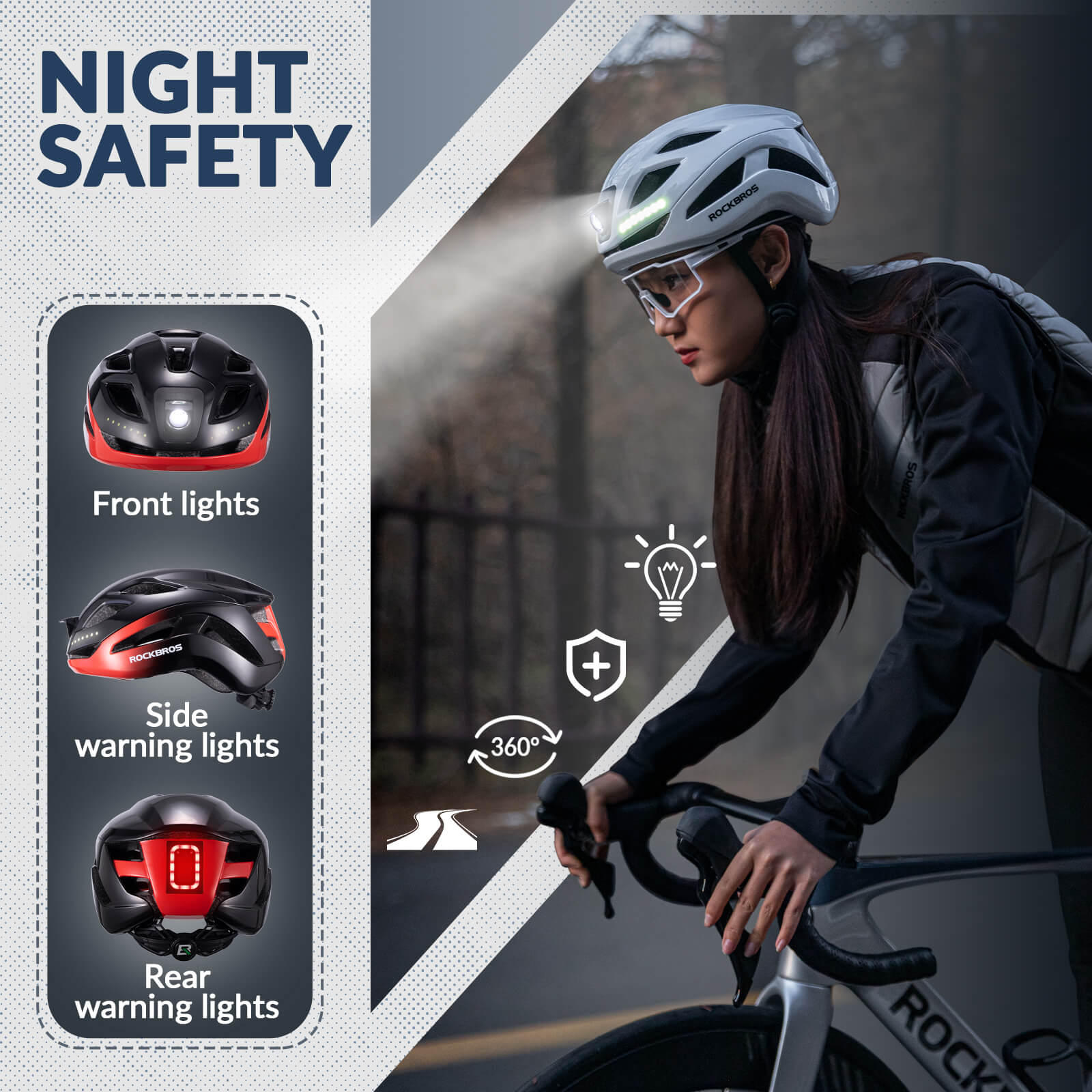 ROCKBROS bike helmet with LED front and rear lights for night cycling safety
#Color_Black Red