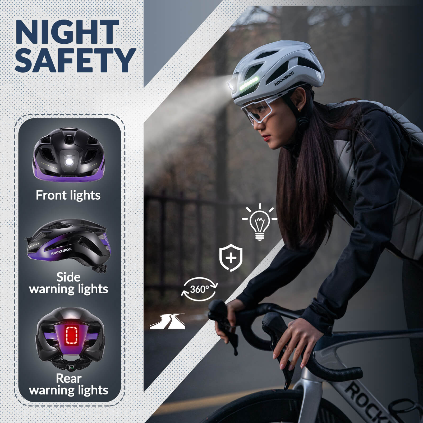 ROCKBROS bike helmet with LED front and rear lights for night cycling safety
#Color_Black Purple
