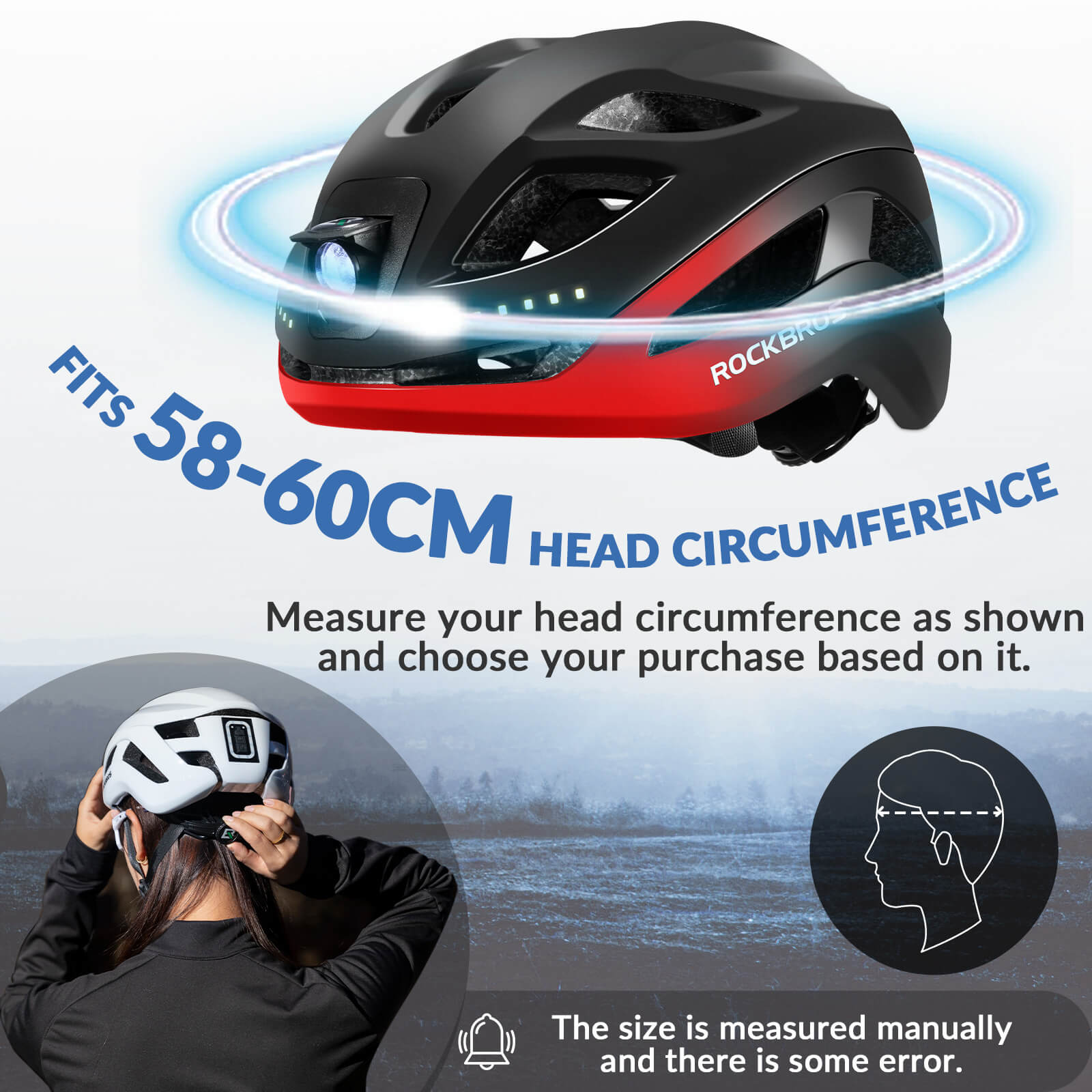 ROCKBROS bike helmet with LED front and rear lights for night cycling safety
#Color_Black Red