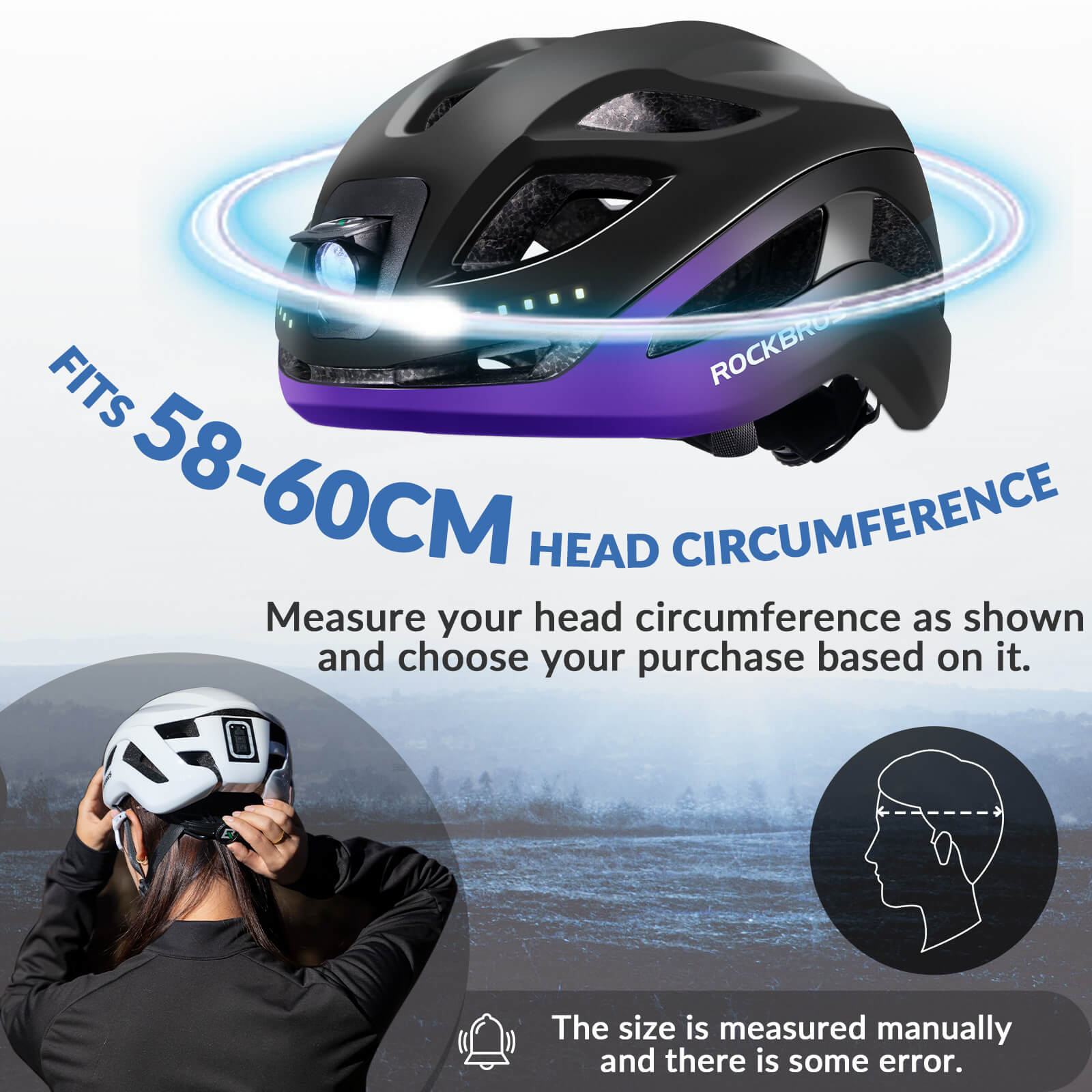 ROCKBROS bike helmet with LED front and rear lights for night cycling safety
#Color_Black Purple