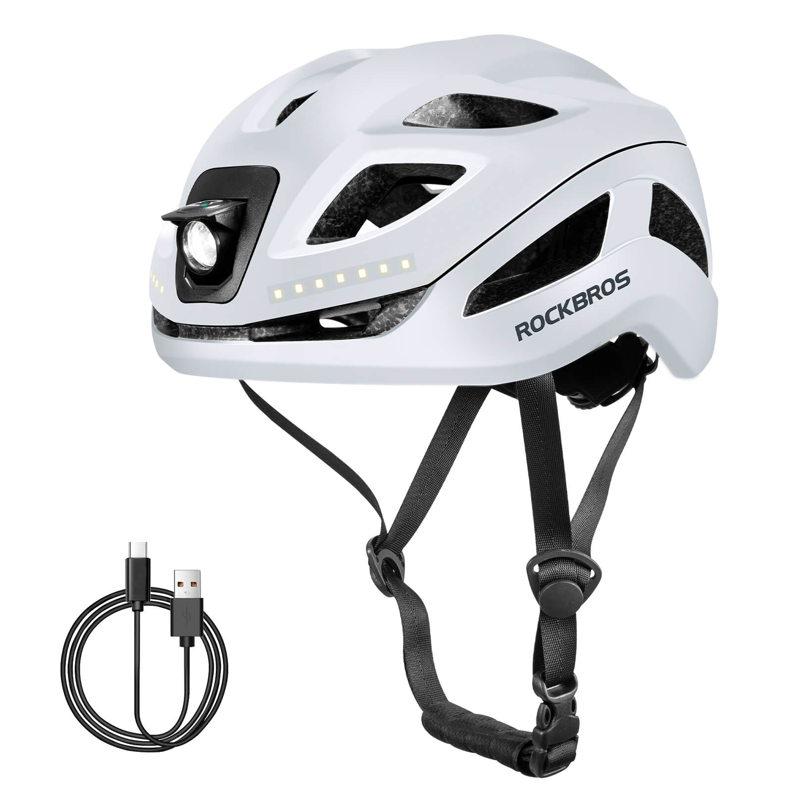 ROCKBROS bike helmet with LED front and rear lights for night cycling safety
#Color_White