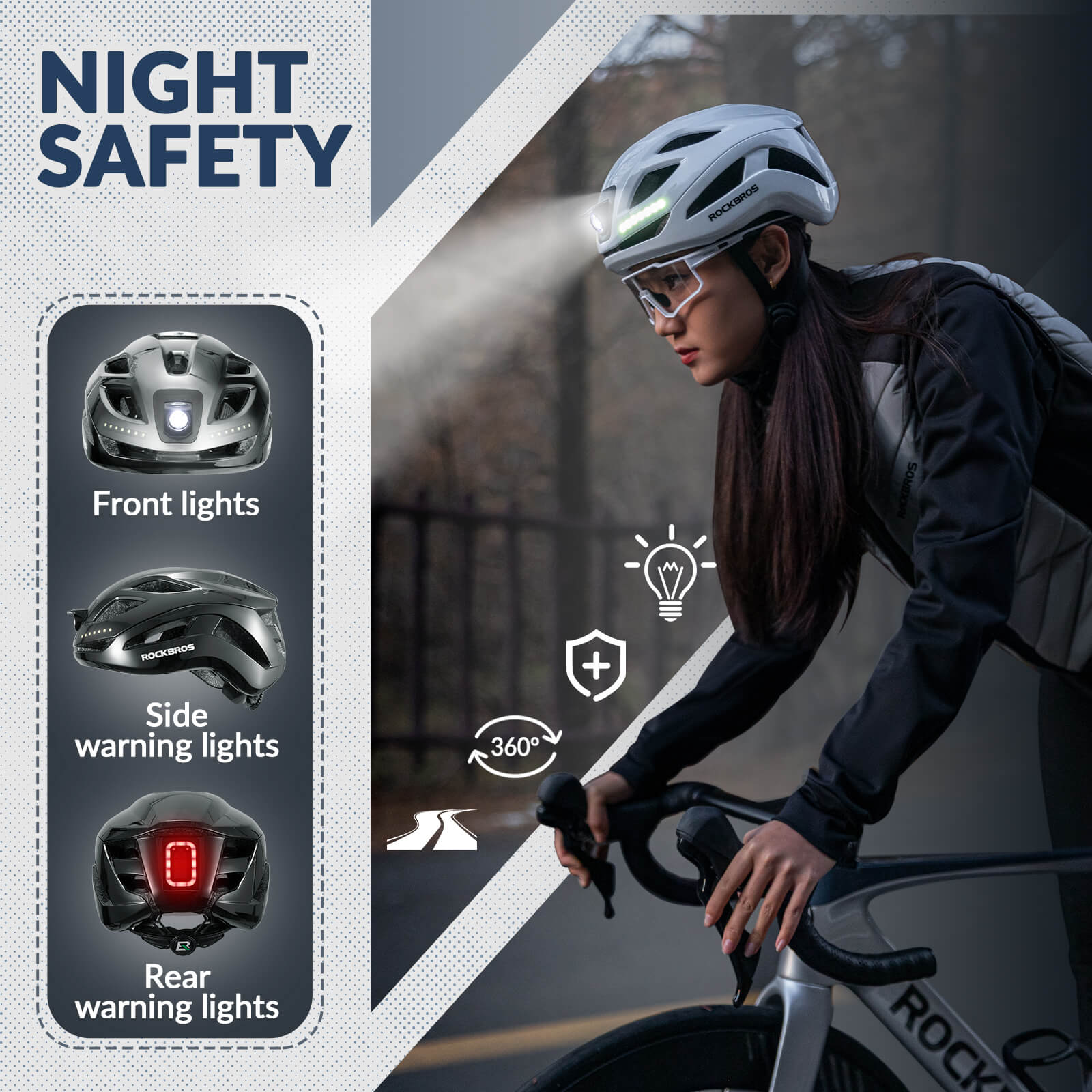 ROCKBROS bike helmet with LED front and rear lights for night cycling safety
#Color_Titanium