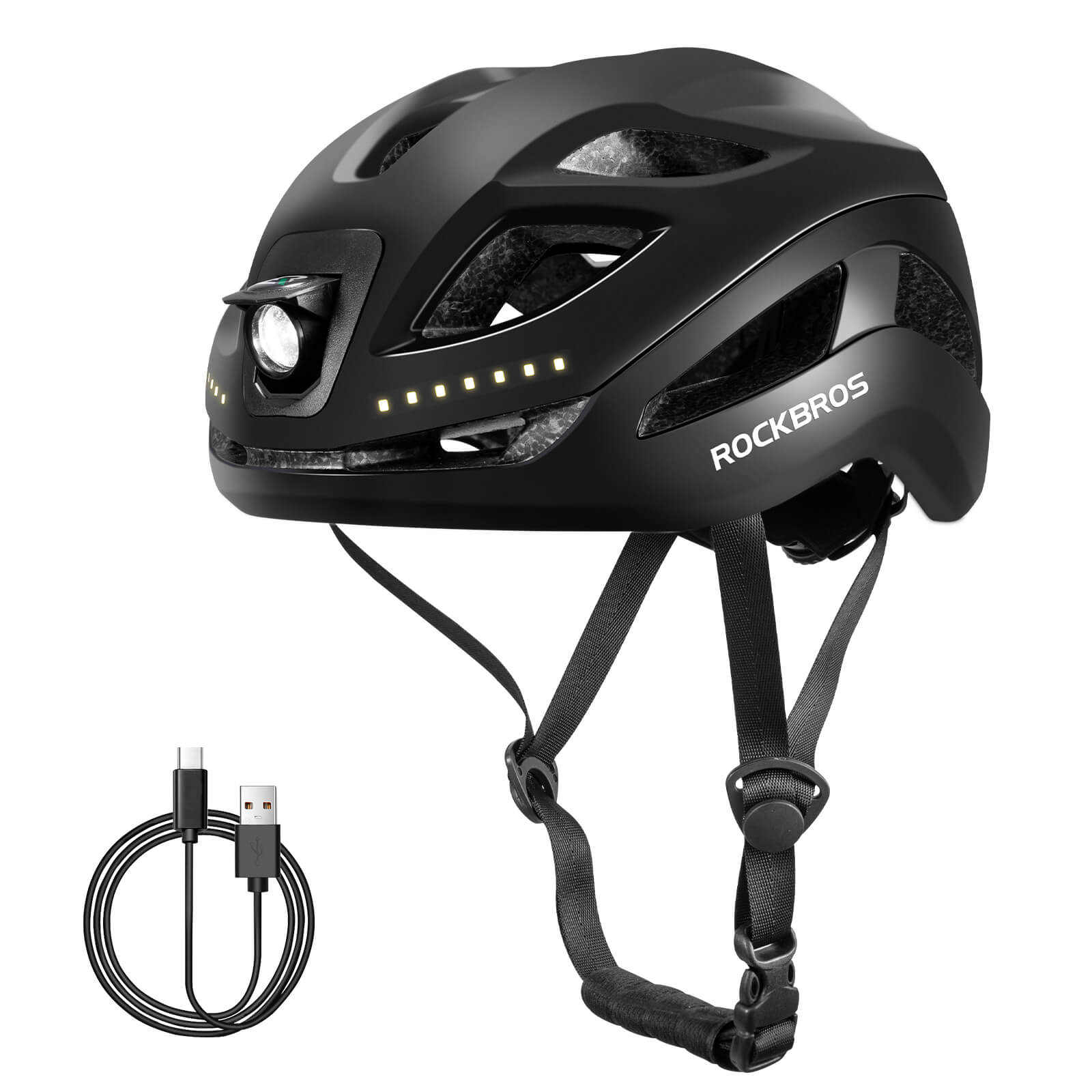 ROCKBROS bike helmet with LED front and rear lights for night cycling safety
#Color_Black