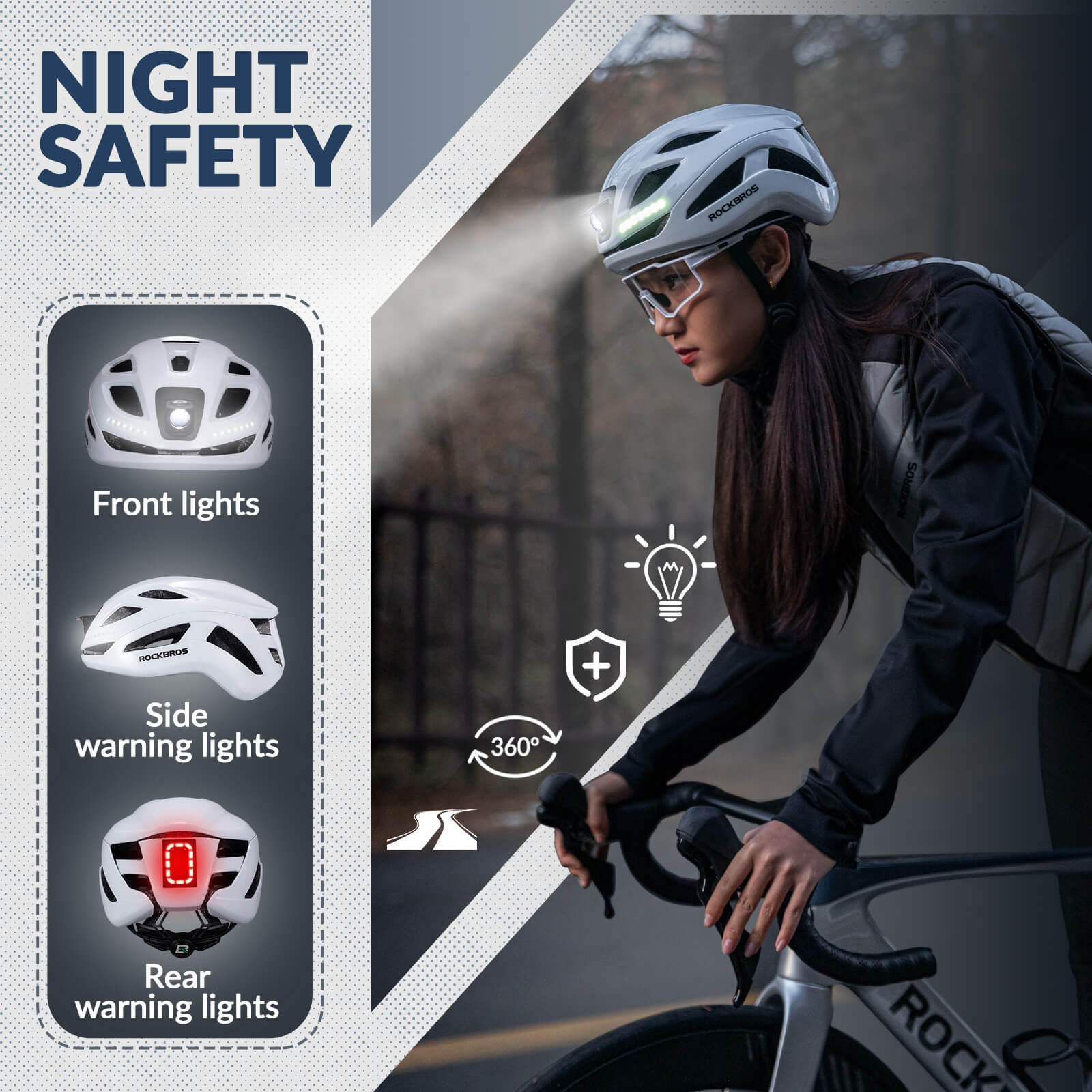 ROCKBROS bike helmet with LED front and rear lights for night cycling safety
#Color_White